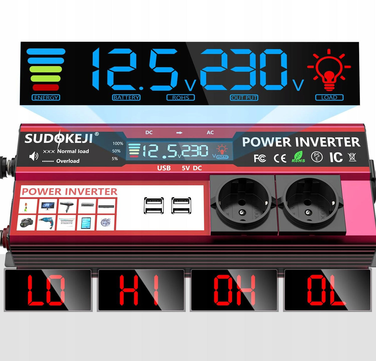 CAR VOLTAGE CONVERTER WITH LCD SCREEN 12V 230V 1000W 2000W + 4x USB Packaging status original