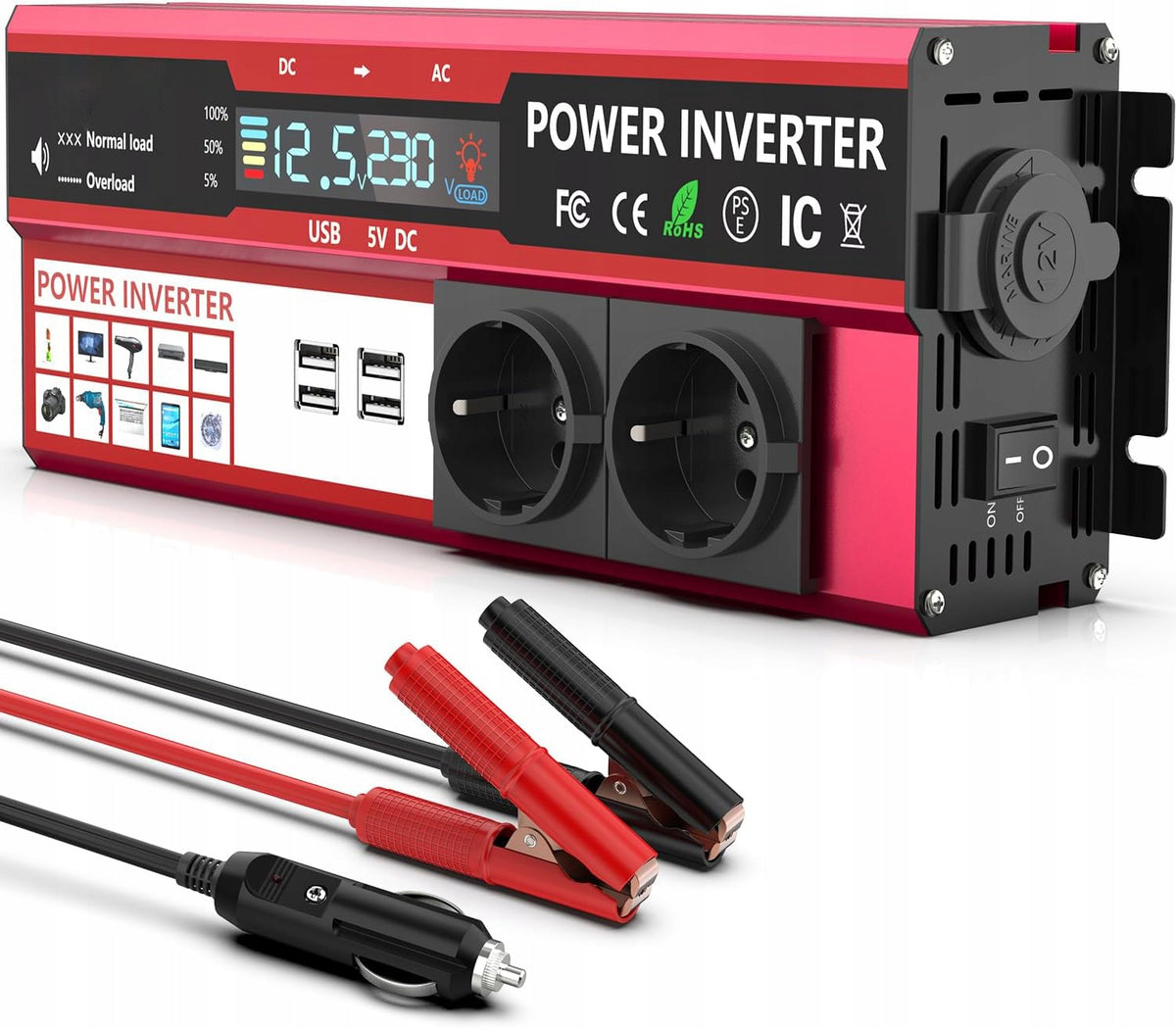 CAR VOLTAGE CONVERTER WITH LCD SCREEN 12V 230V 1000W 2000W + 4x USB