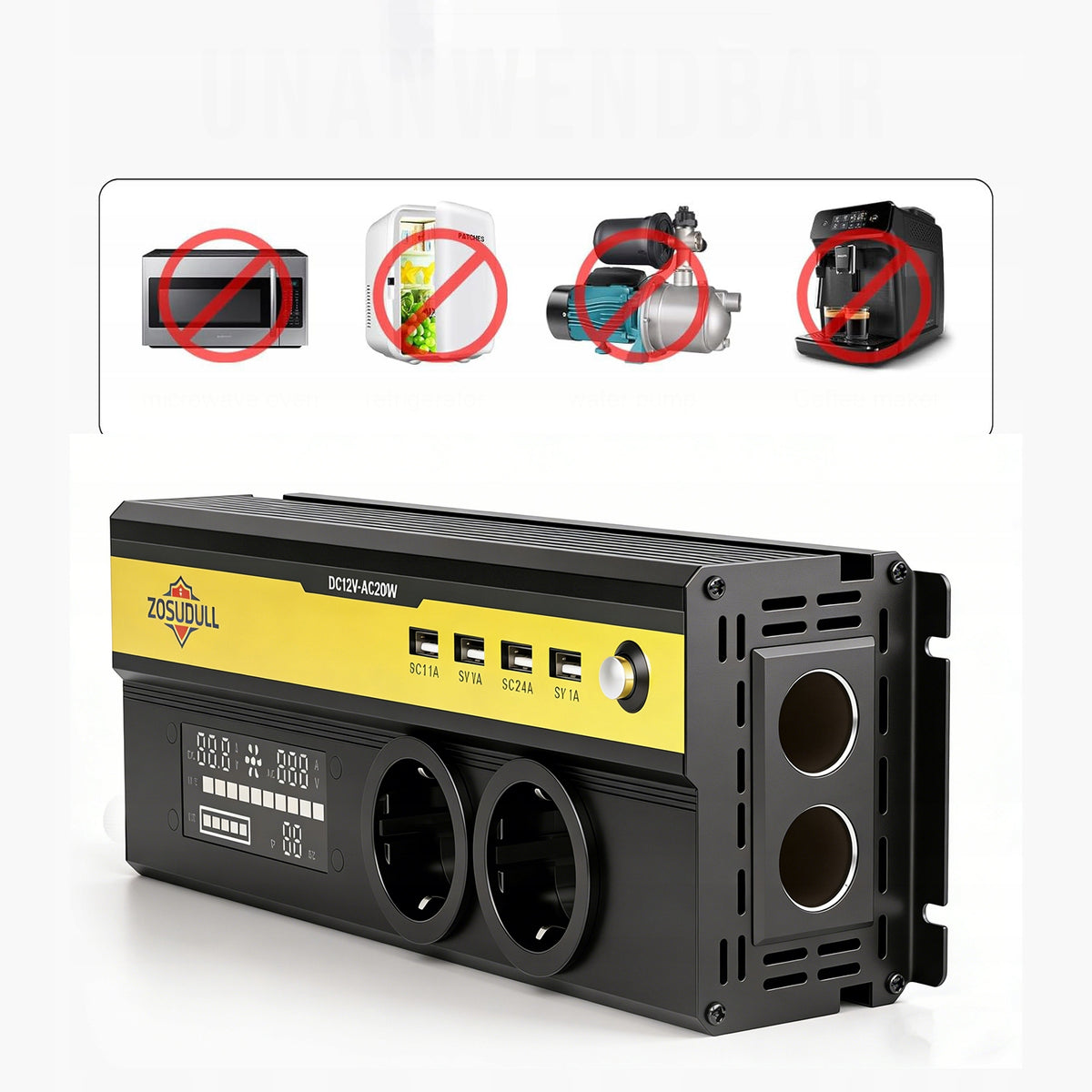 CAR VOLTAGE CONVERTER WITH LCD SCREEN 12V 230V 1250W 2500W + 4x USB Packaging status original
