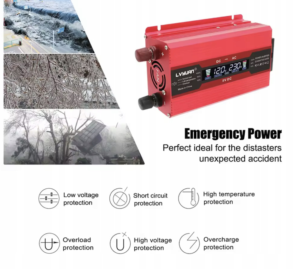 CAR VOLTAGE INVERTER Inverter LCD Screen 12V 230V 2000W +2x USB Effective power 2000 W