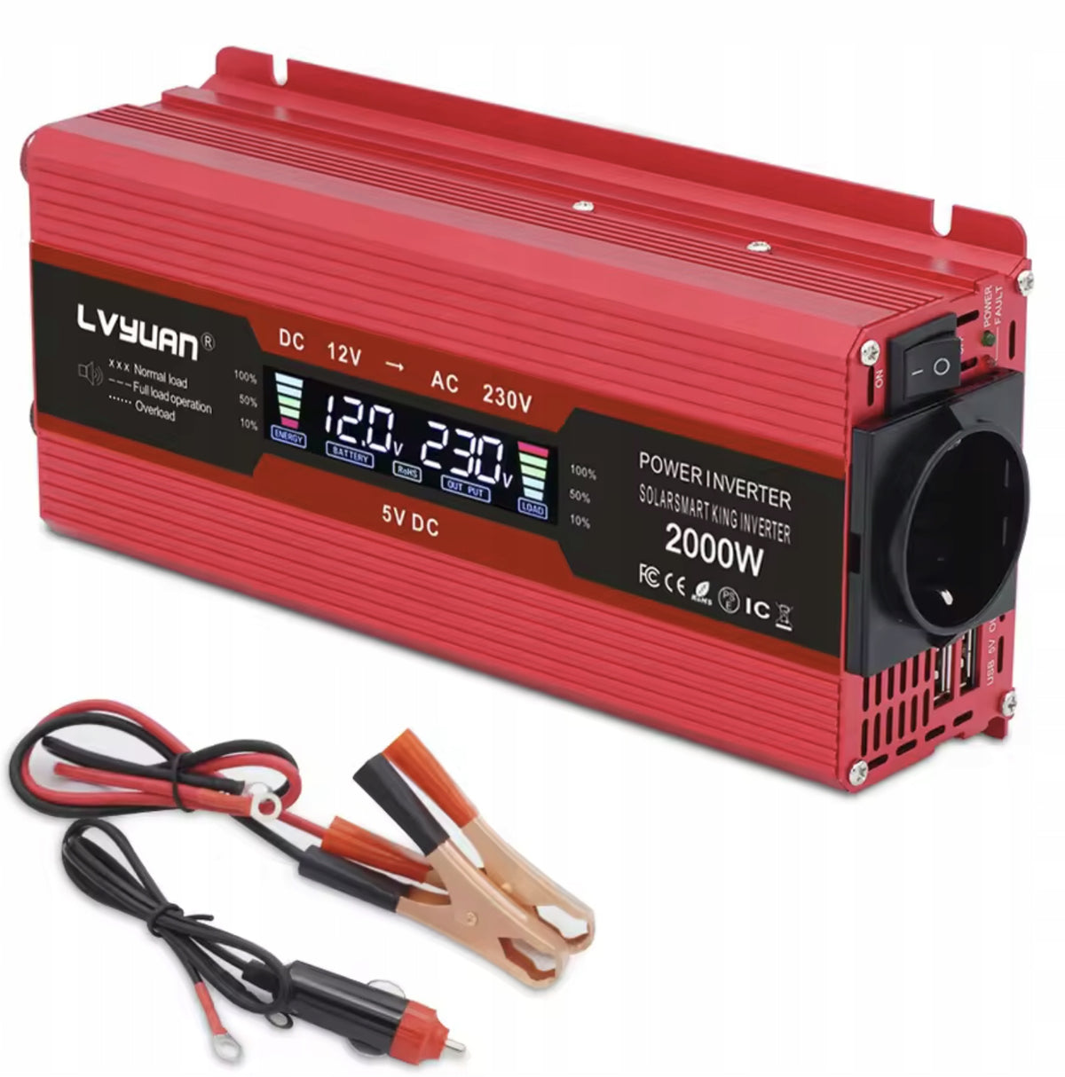 CAR VOLTAGE INVERTER Inverter LCD Screen 12V 230V 2000W +2x USB
