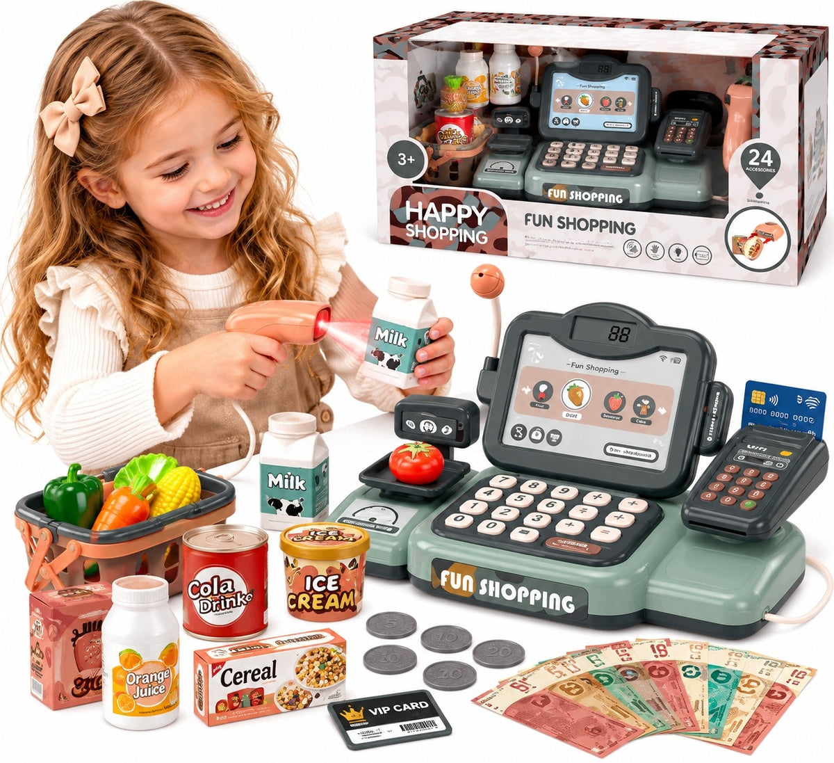 CASH REGISTER FOR CHILDREN SHOP SCANNER TERMINAL LIGHT SOUNDS 24 EL