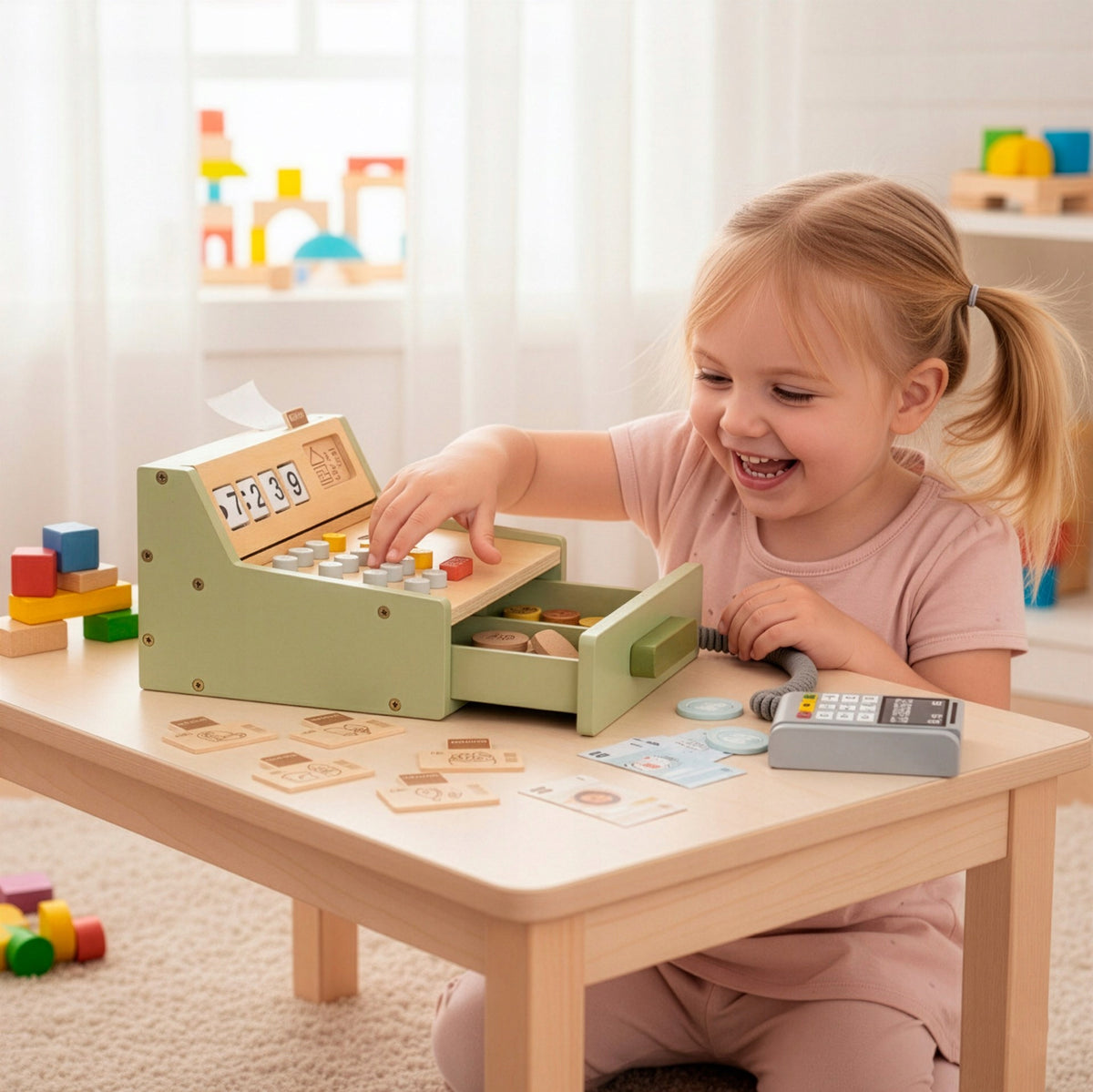CASH REGISTER FOR CHILDREN TOY WOODEN SCANNER ACCESSORIES Packaging status original