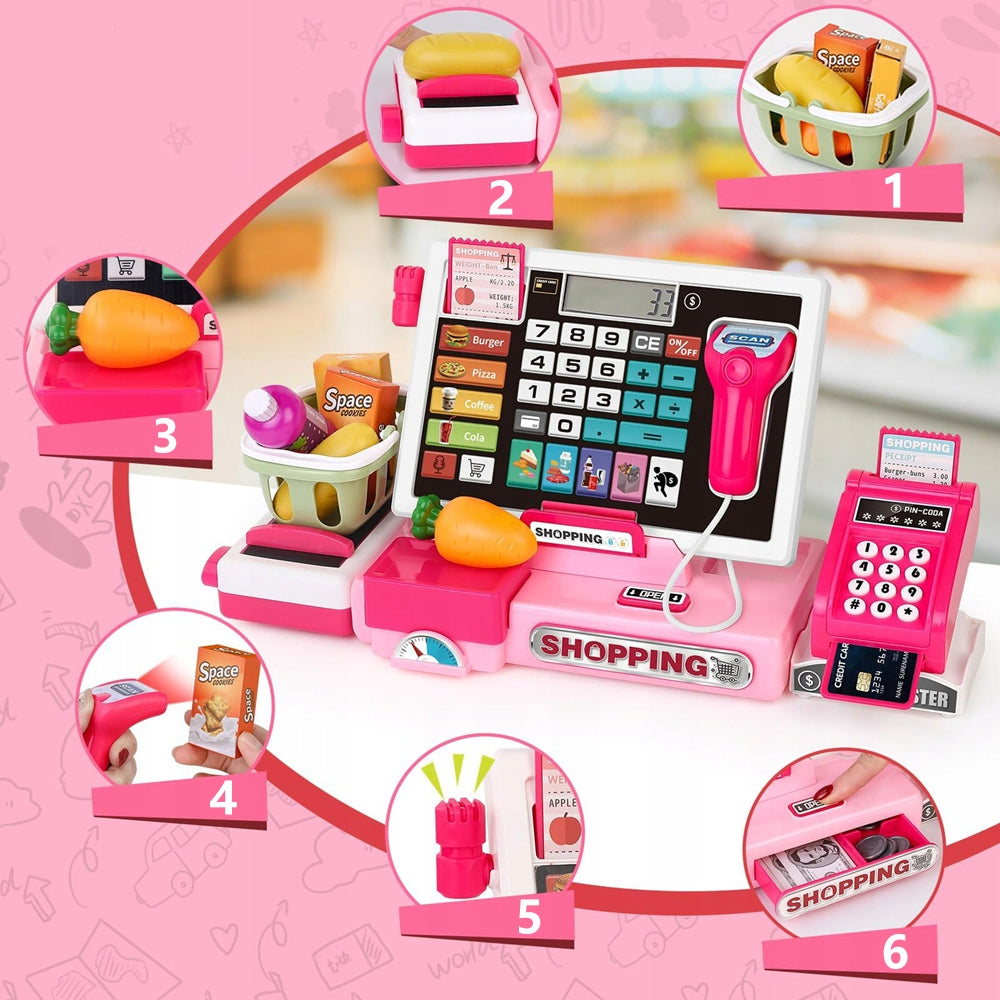 CASH REGISTER SHOP FOR CHILDREN ACCESSORIES BASKET SCALE SCANNER BANKNOTES LCD Manufacturer code KASA FISKALNA DLA MAŁYCH SPRZEDAWCÓW