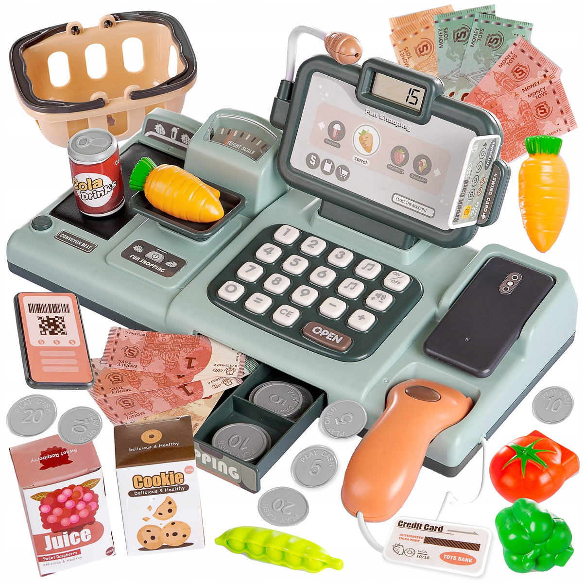CASH REGISTER SHOP FOR CHILDREN ACCESSORIES BASKET SCALE SCANNER BANKNOTES LCD