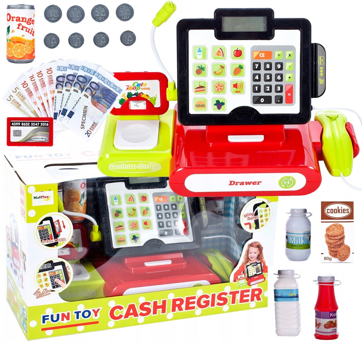 CASH REGISTER SHOP FOR CHILDREN PANEL ACCESSORIES SCALE SCANNER BANKNOTES LCD