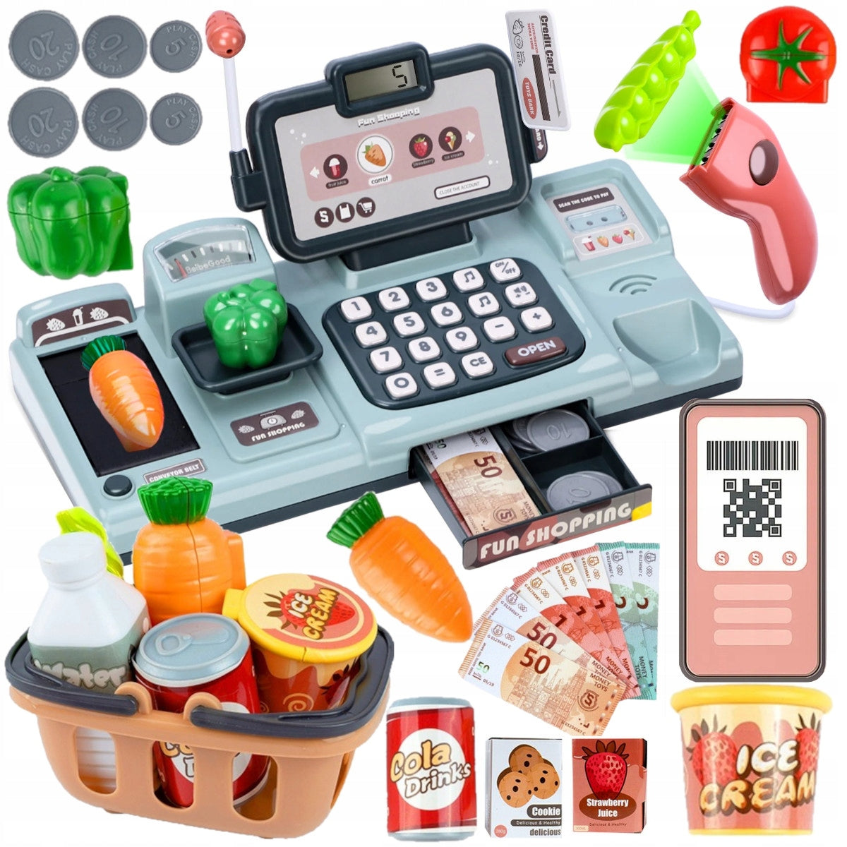 CASH REGISTER SHOP INTERACTIVE SHOPPING SCALE SCANNER MOVABLE TAPE BASKET Brand Kruzzel