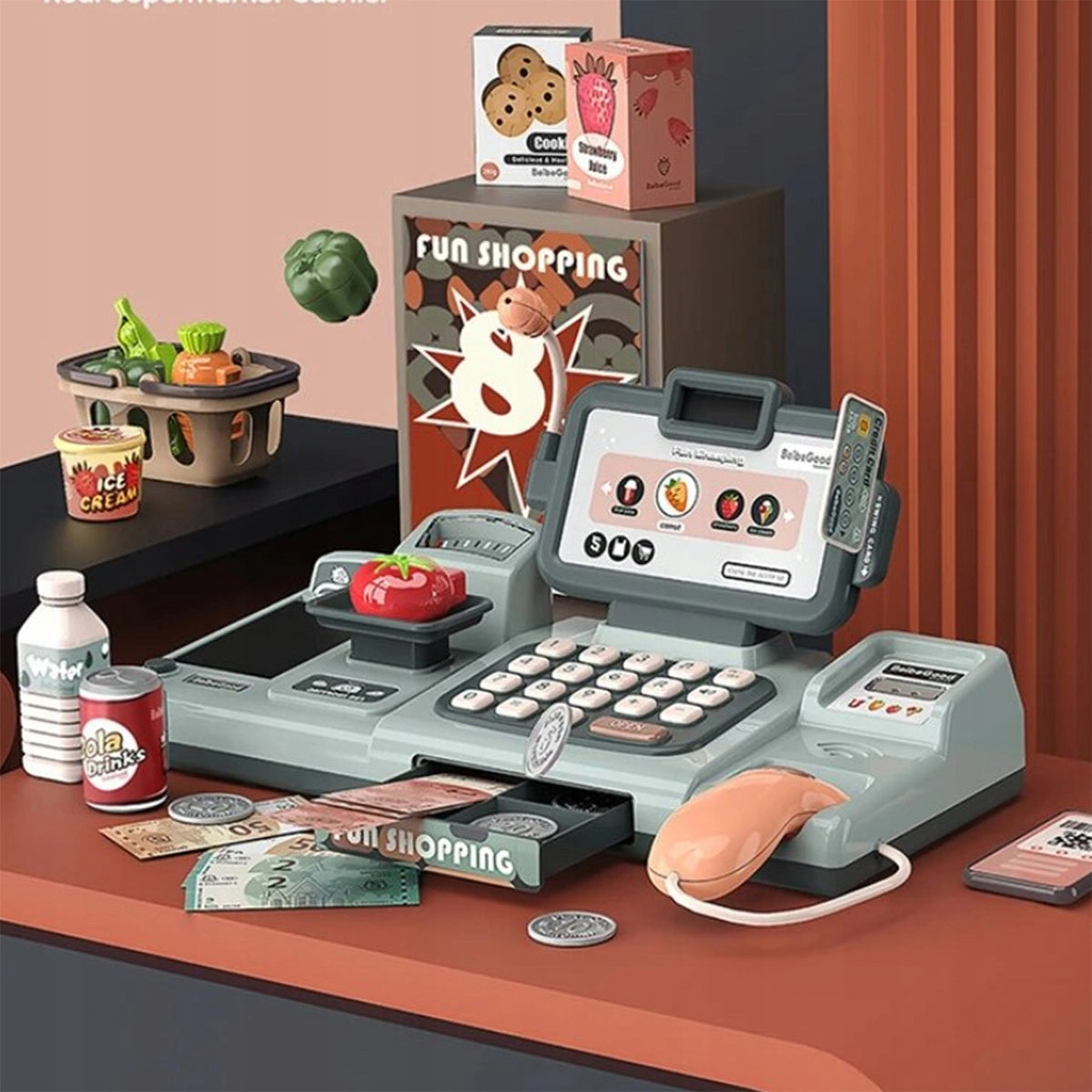 CASH REGISTER SHOP INTERACTIVE SHOPPING SCALE SCANNER MOVABLE TAPE BASKET Kid's age 3+ years