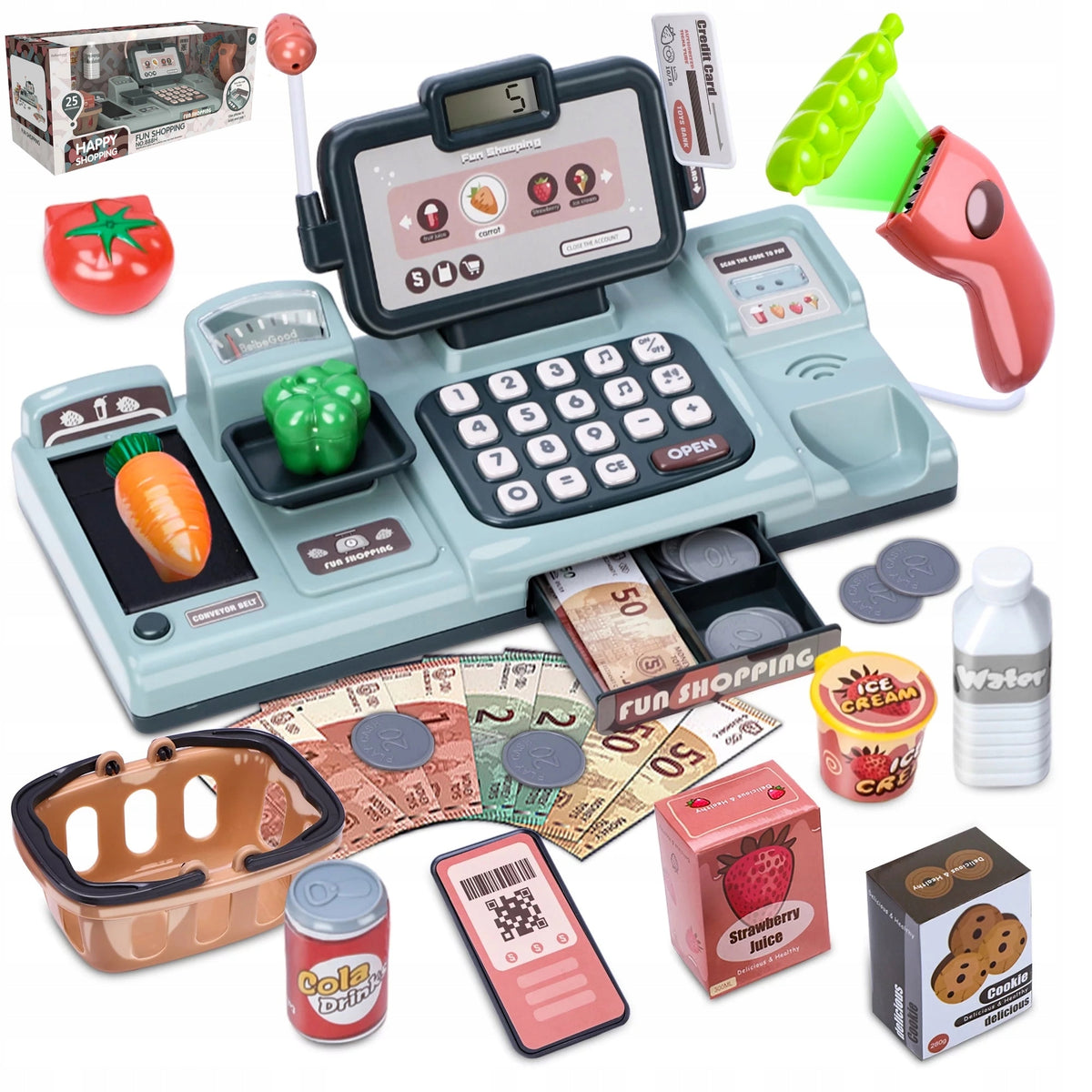 CASH REGISTER SHOP INTERACTIVE SHOPPING SCALE SCANNER MOVABLE TAPE BASKET