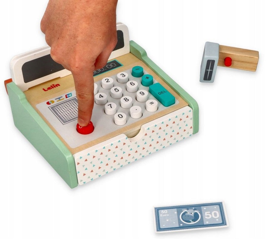 CASH REGISTER WOODEN LELIN 3+ BANKNOTES SCANNER INTERACTIVE FUN SHOP Batteries included no