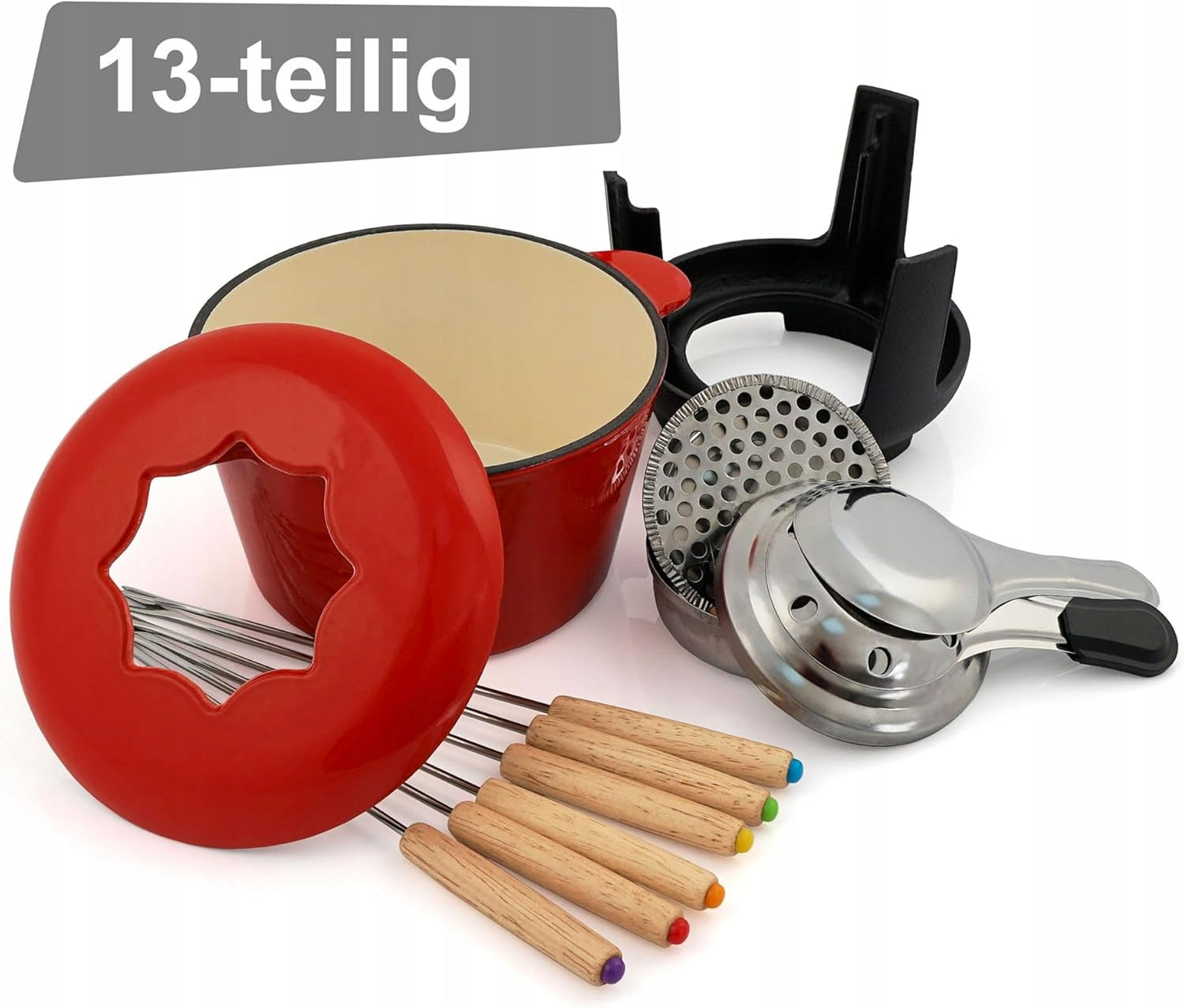 CAST IRON FONDUE SET FOR 6 PEOPLE ENAMELED RED CREAM FORKS Brand TORO