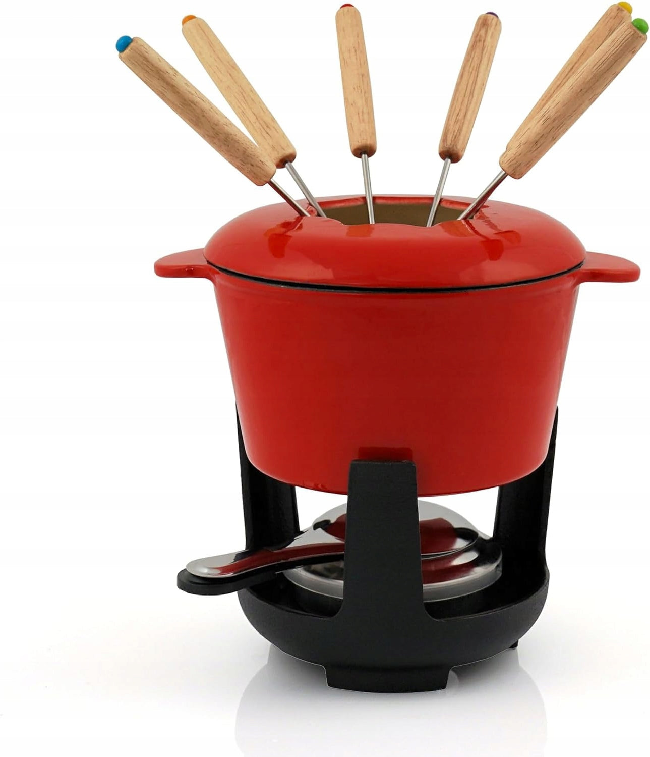 CAST IRON FONDUE SET FOR 6 PEOPLE ENAMELED RED CREAM FORKS