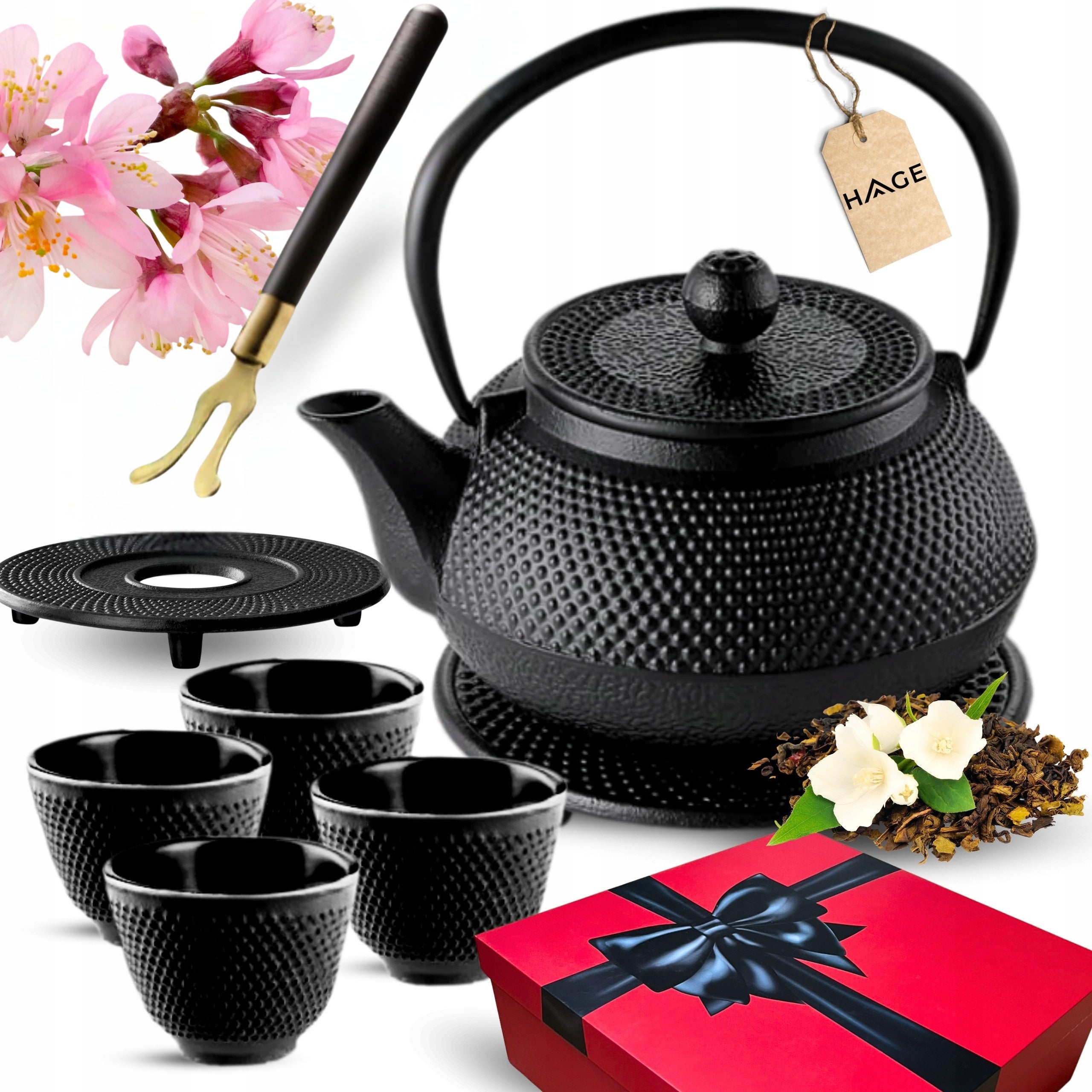 CAST IRON KETTLE ENAMELED TEAPOT TEA INFUSER 0,9L WITH 4 BOWLS