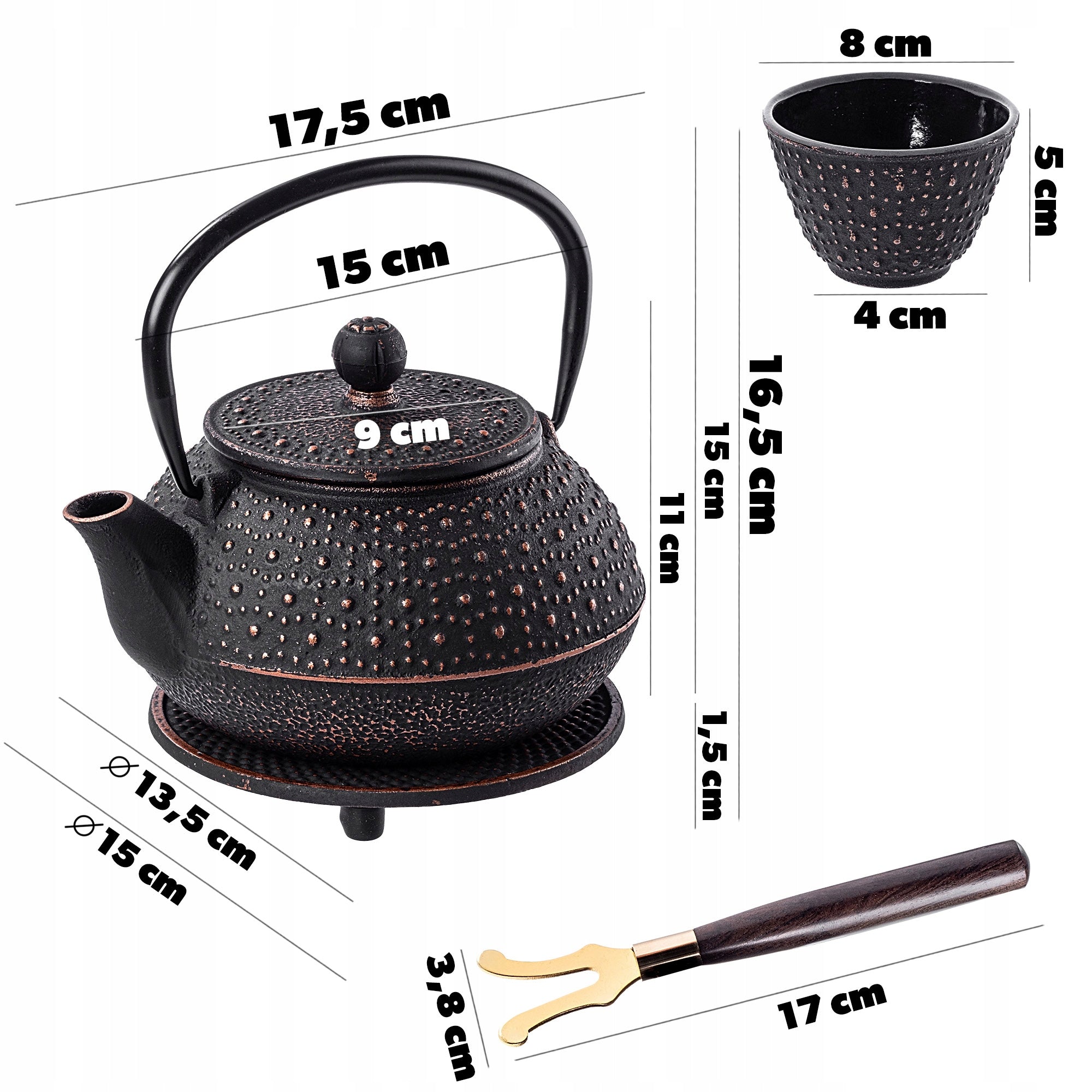CAST IRON KETTLE TEA INFUSER JUG TEAPOT 800ml STRAINER + 4 BOWLS Manufacturer code K8424
