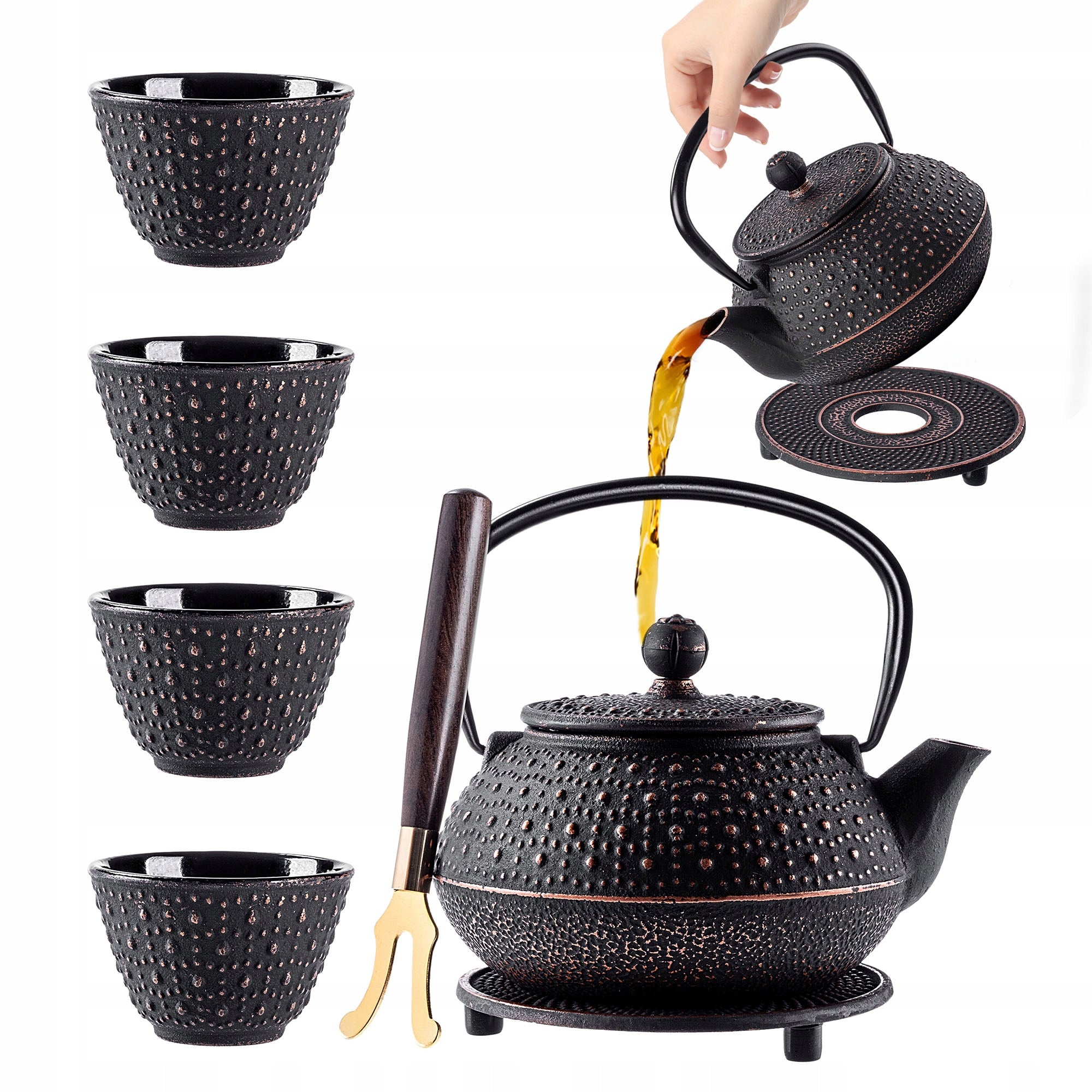 CAST IRON KETTLE TEA INFUSER JUG TEAPOT 800ml STRAINER + 4 BOWLS