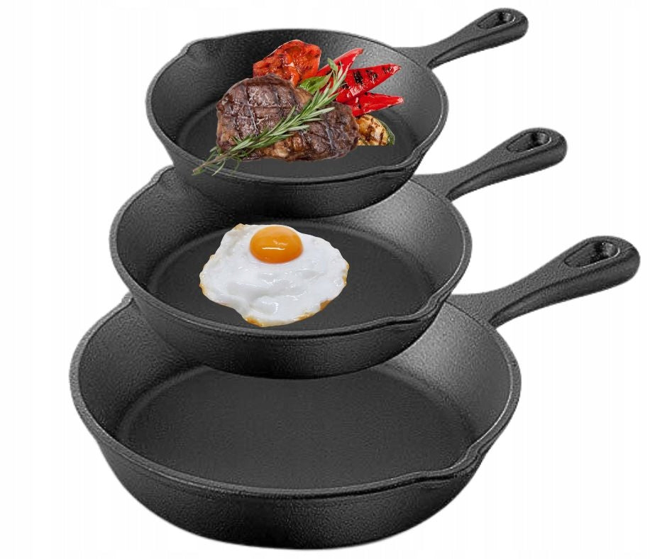 CAST IRON PAN DEEP SET OF 3 PIECES INDUCTION GAS FIREPLACE GRILL SET