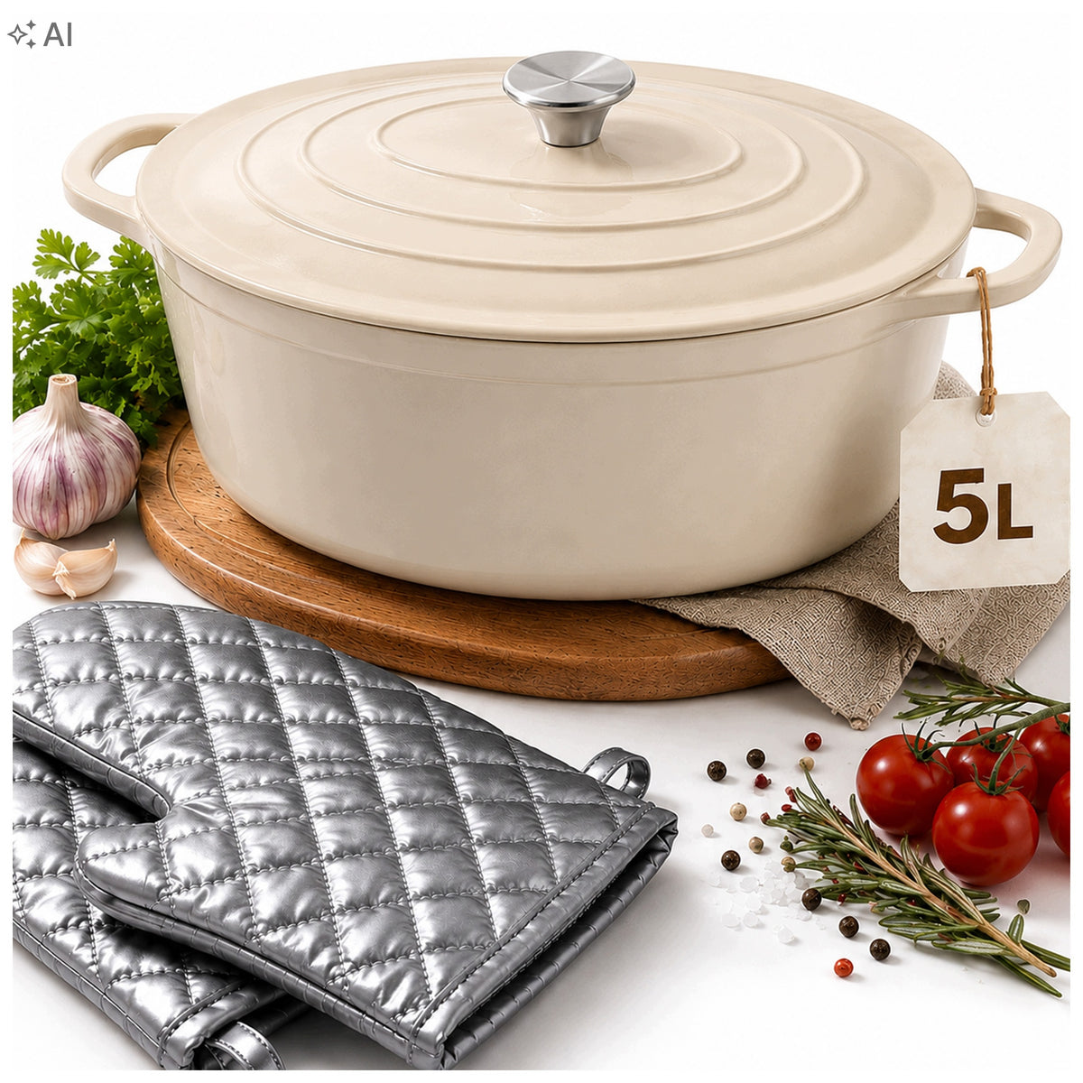 CAST IRON PAN ENAMELED GOOSEBERRY 5L 29CM INDUCTION OVEN GLOVES Packaging status original
