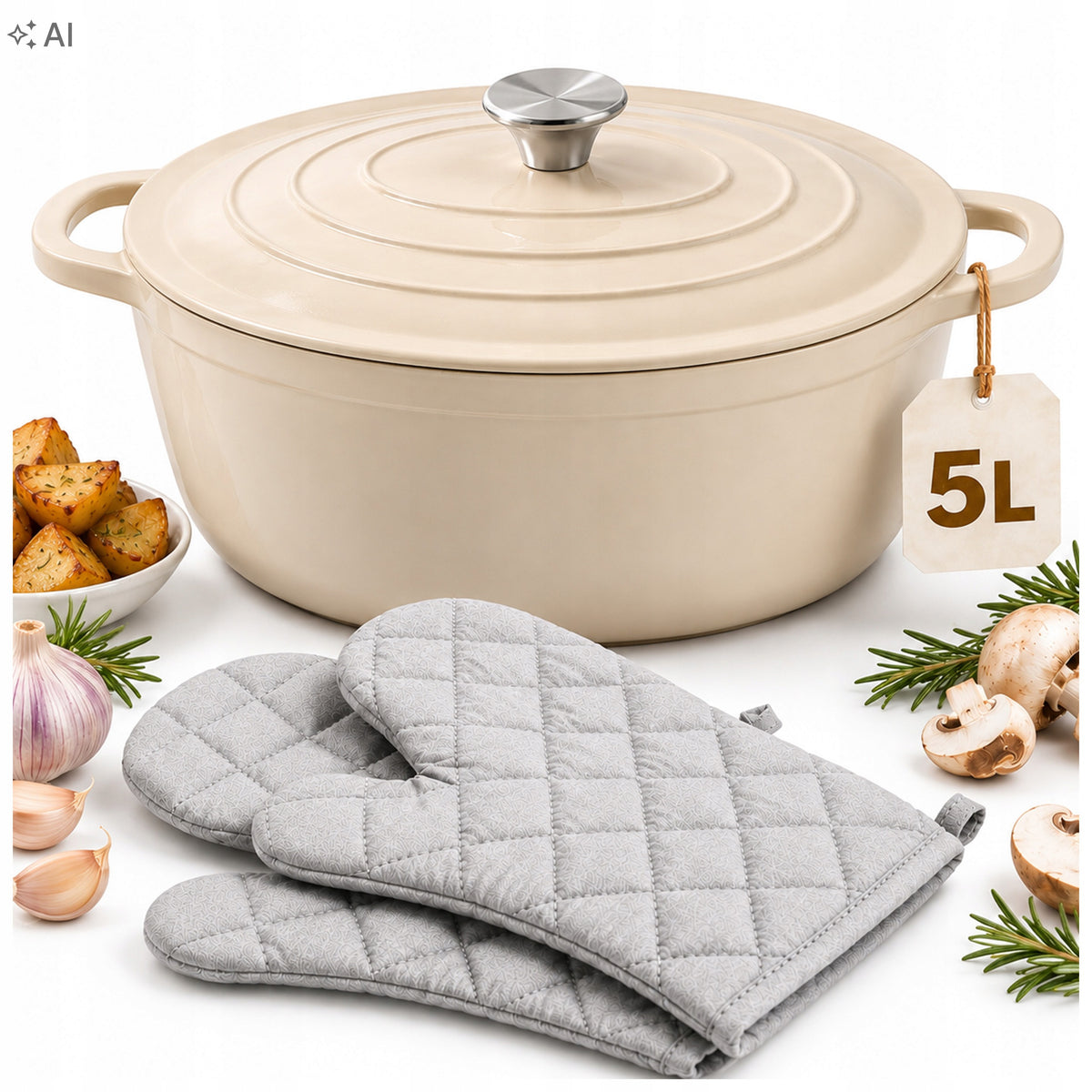 CAST IRON PAN ENAMELED GOOSEBERRY 5L 29CM INDUCTION OVEN GLOVES