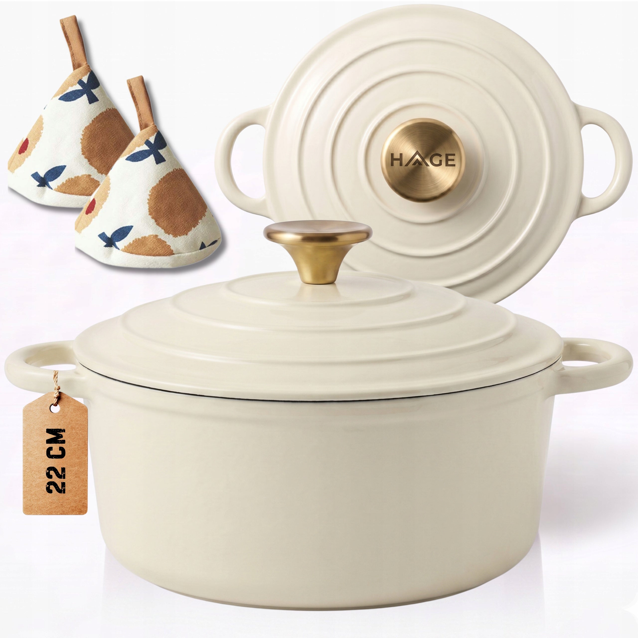 CAST IRON POT 3L ENAMELLED WITH LID CREAM INDUCTION OVEN 22CM