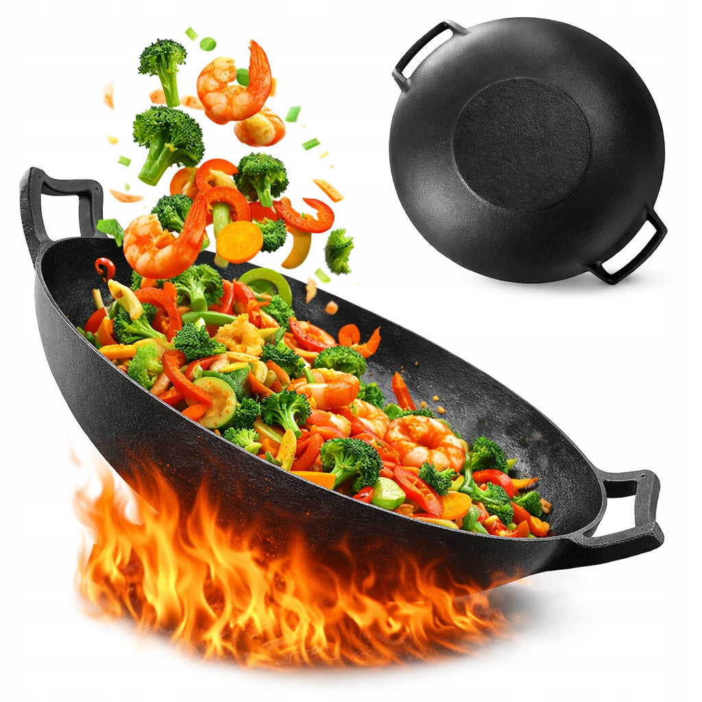 CAST IRON WOK 36CM FOR STOVE, INDUCTION AND FIREPLACE LARGE PAN SOLID WOK