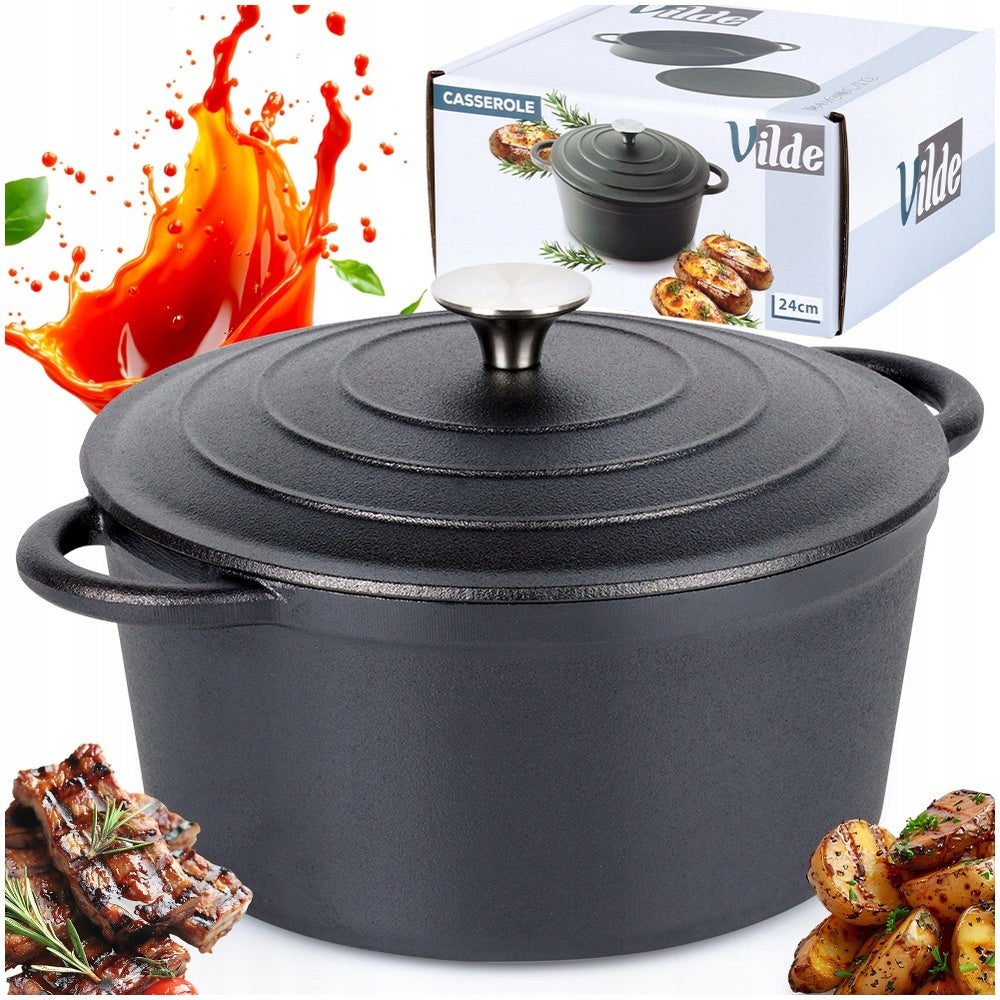 CAST IRON pot with lid cauldron pan round 24 cm 3,9L