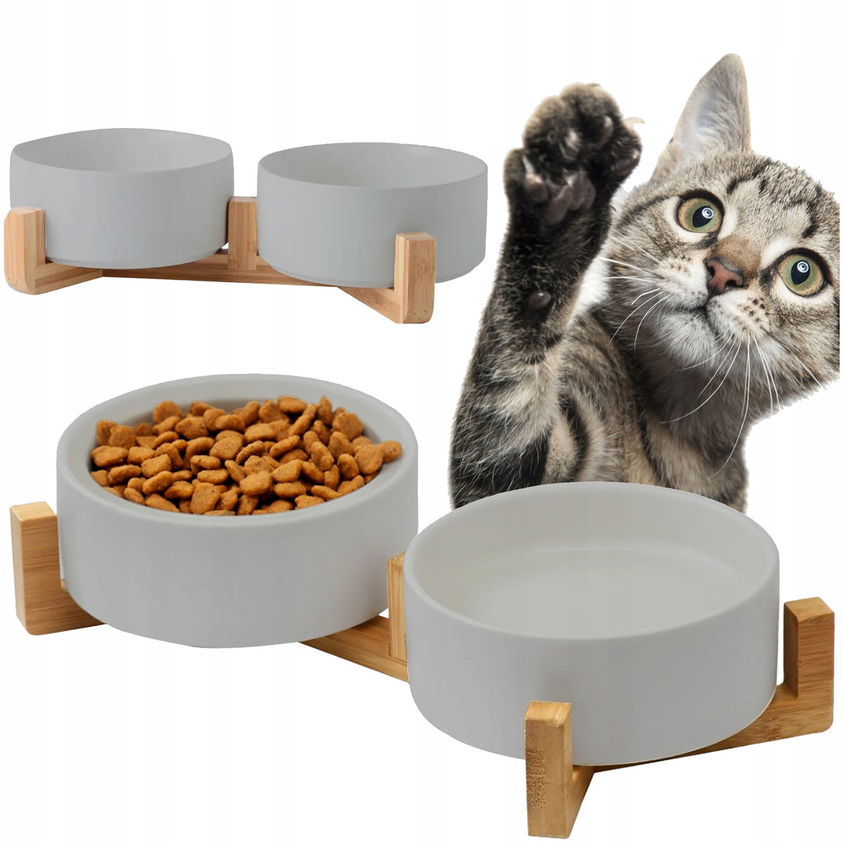 CAT DOG BOWL DOUBLE CERAMIC 2 x 400ml ON STAND GREY