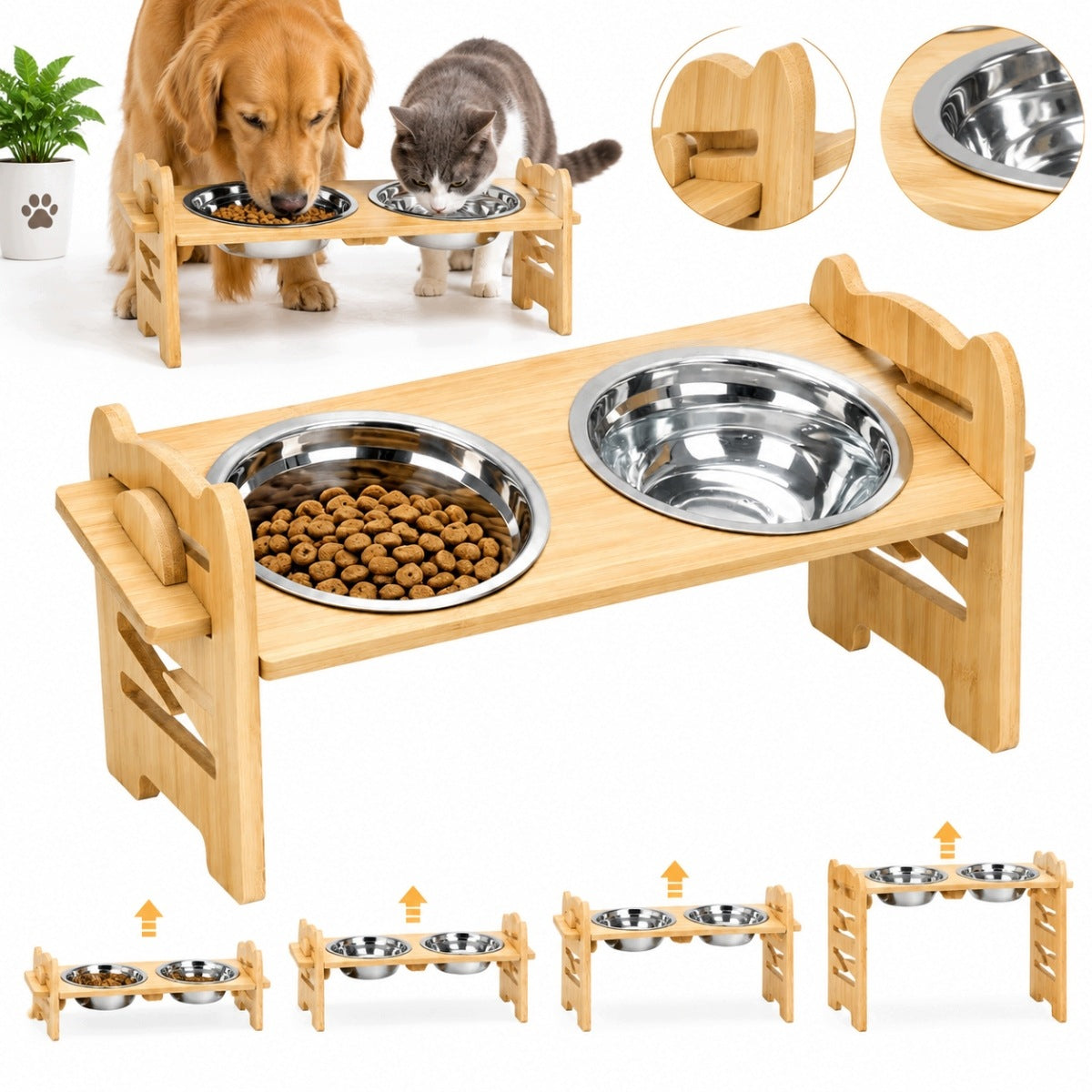CAT DOG BOWL STAND BAMBOO NON-SLIP 15° INCLINE