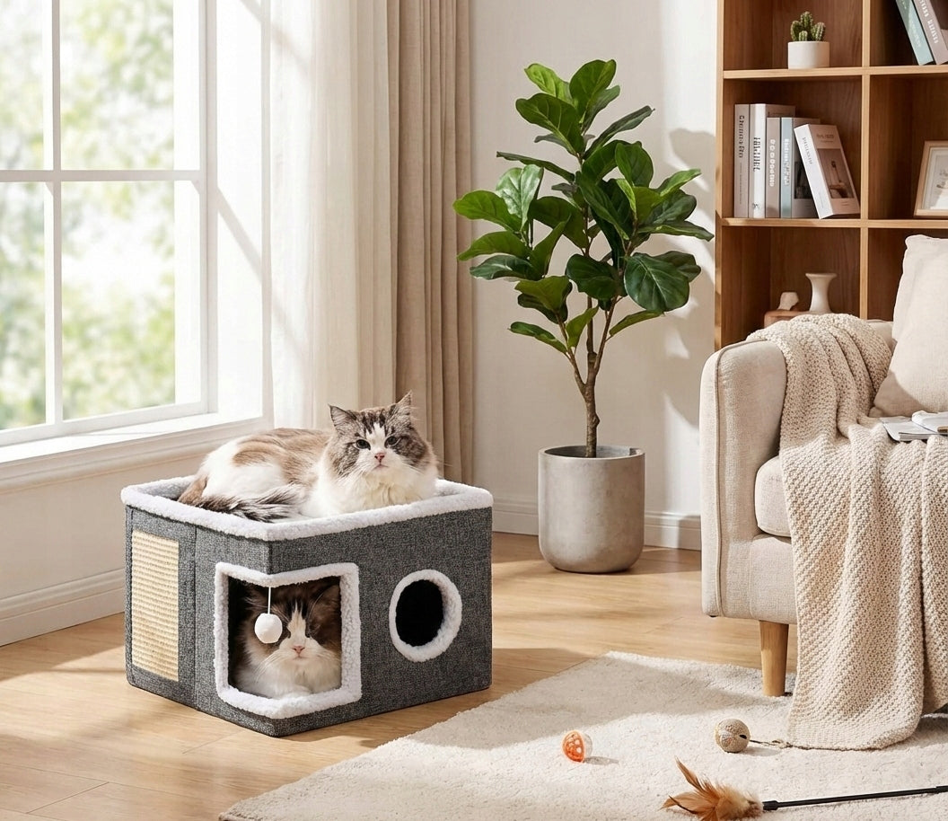 CAT HOUSE 2-LEVEL FOLDING BED BOOTH SCRATCHING POST GREY 42x42x35cm Packaging status original