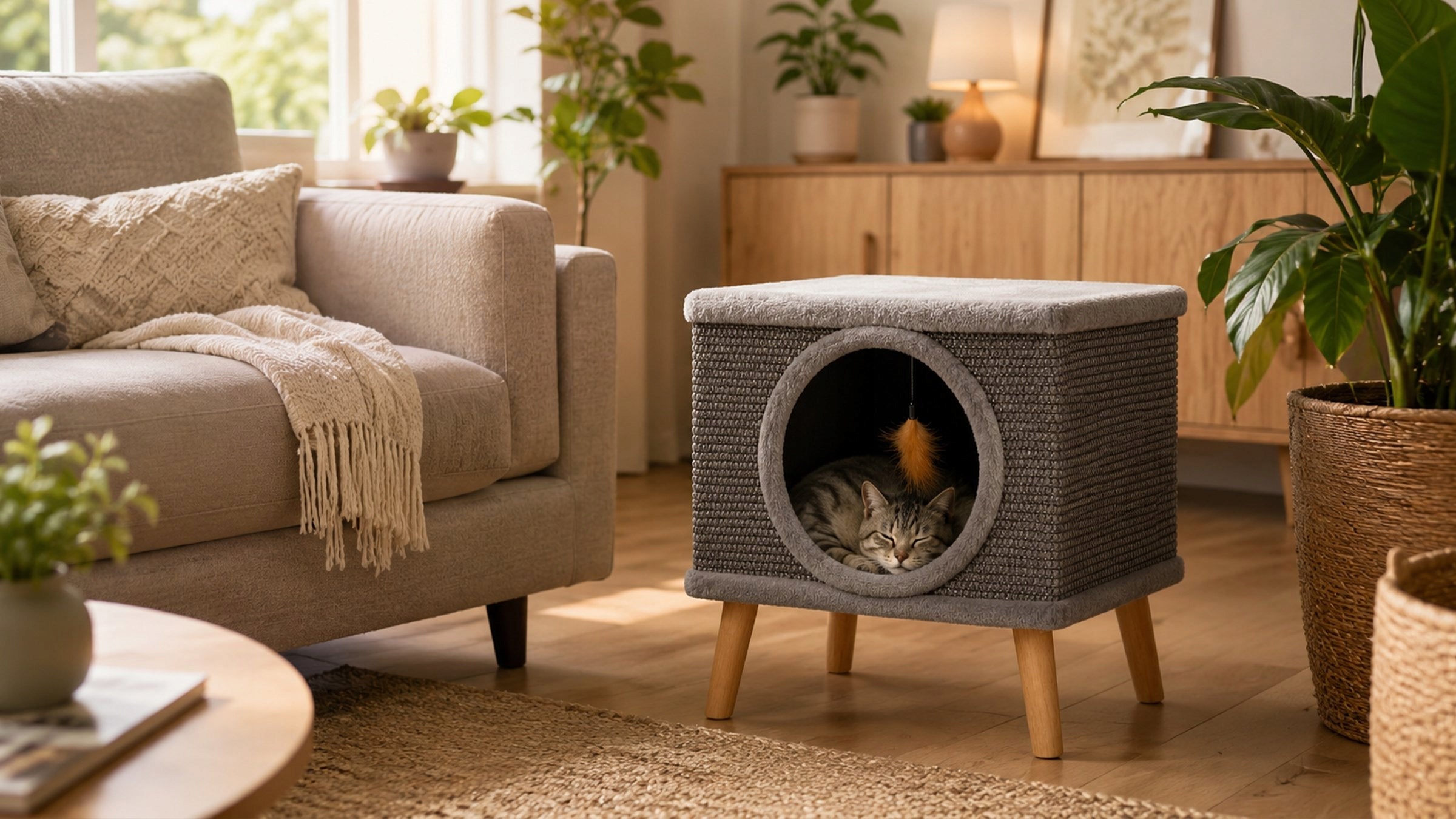CAT HOUSE BED WITH SCRATCHING POST BOOTH LEGS TOY SCRATCHING POST 38x32x32CM Packaging status original