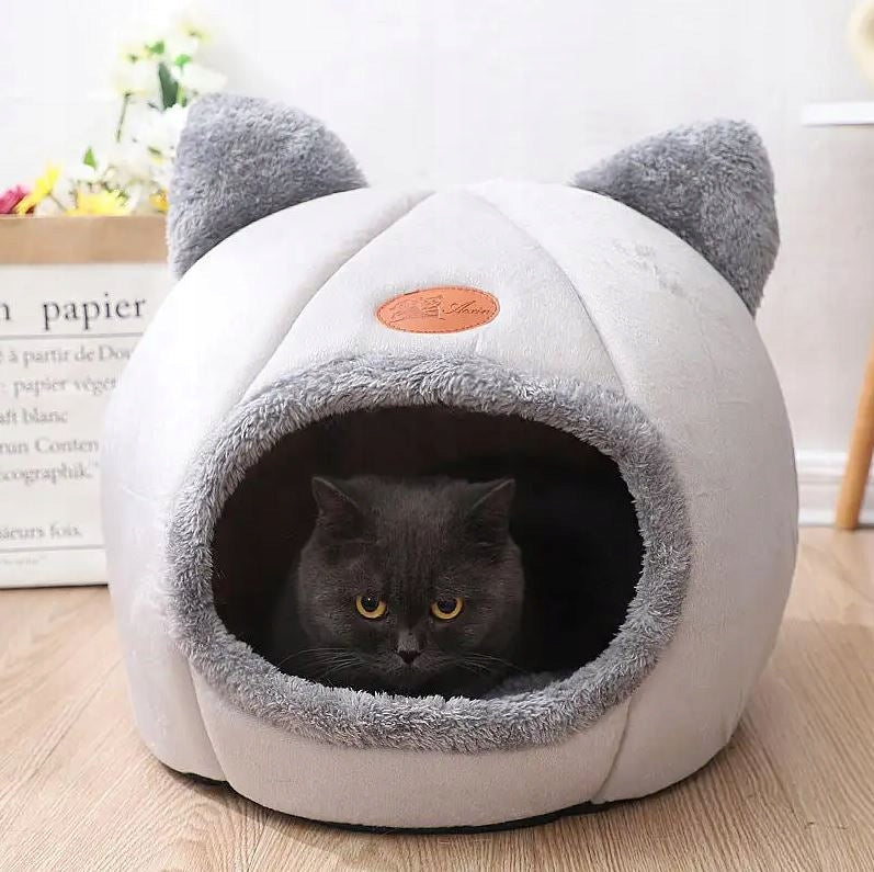 CAT HOUSE Booth Dog Bed Plush BED For Winter INSULATED Manufacturer code Domek dla kota ciepły przytulny szary budka