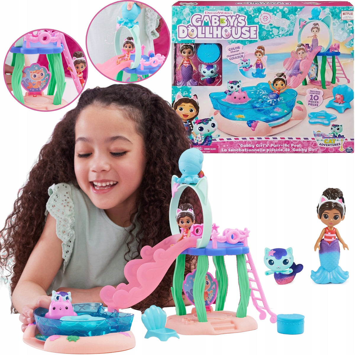 CAT HOUSE GABI LARGE POOL SET 2 FIGURINES GABI MERMAID + SLIDE