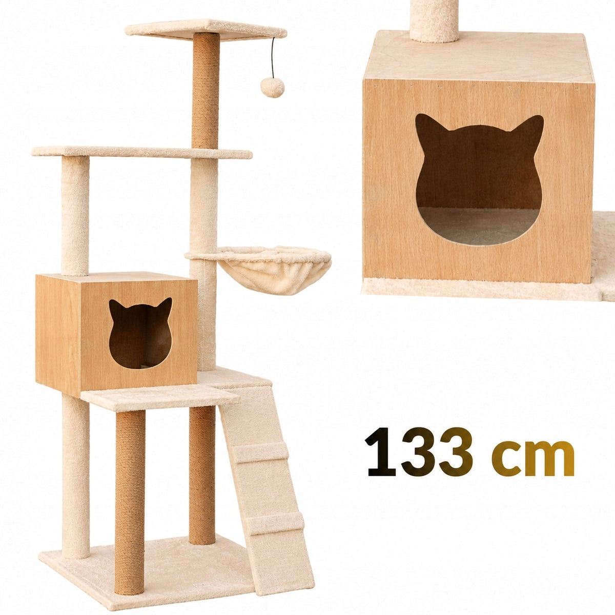 CAT SCRATCHER 133cm High LOTS OF SISAL Bed HAMMOCK Wooden HOUSE