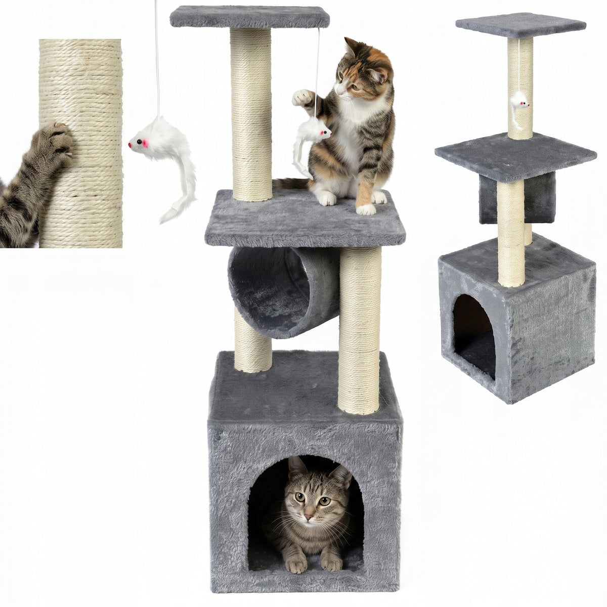CAT SCRATCHER STABLE HOUSE TUNNEL BED POST SISAL TOYS GREY