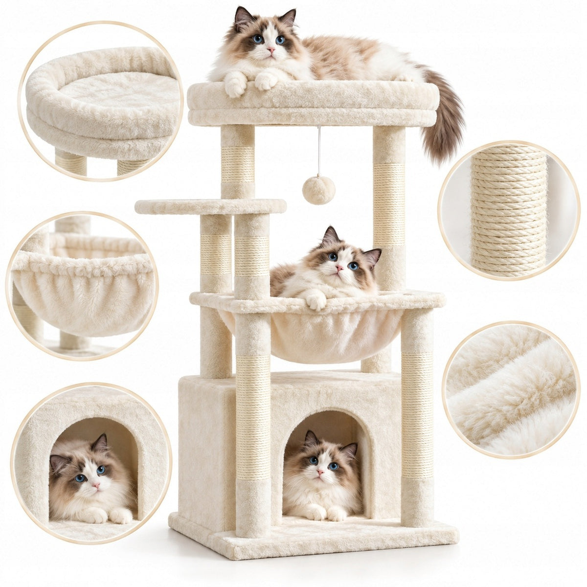 CAT SCRATCHER TREE WITH BASKET BED SISAL PLUSH BALL 80CM