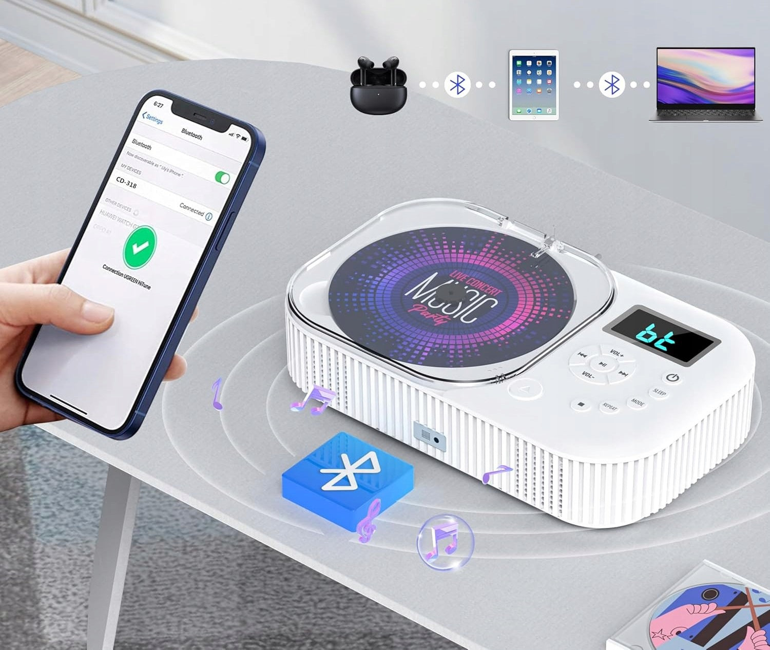 CD PLAYER PORTABLE BLUETOOTH RADIO FM MP3 USB AUX SPEAKERS LCD REMOTE CONTROL Manufacturer code CD318