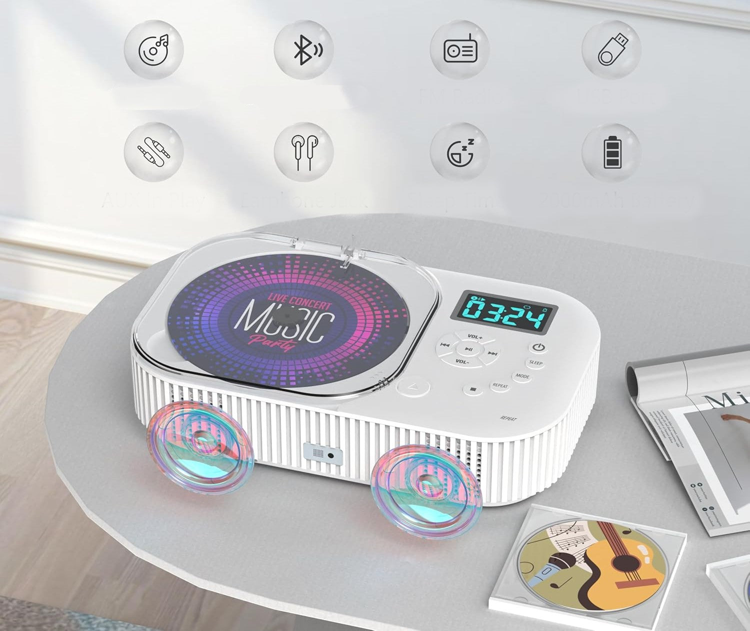CD PLAYER PORTABLE BLUETOOTH RADIO FM MP3 USB AUX SPEAKERS LCD REMOTE CONTROL Packaging status original