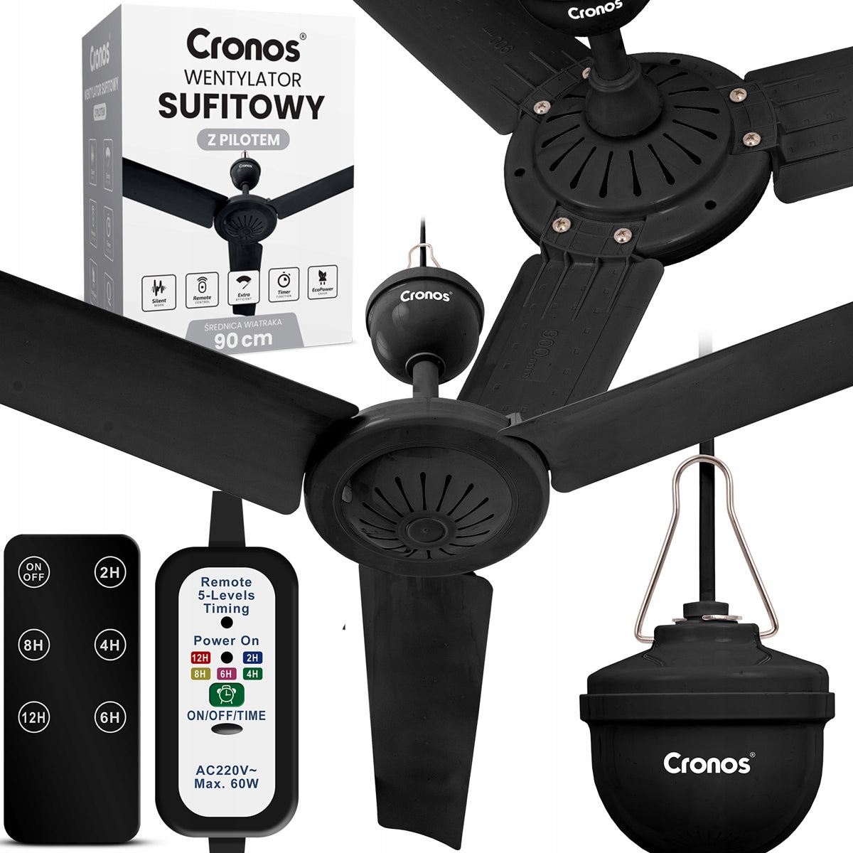 CEILING FAN WITH WINDMILL QUIET BLACK WINDMILL 90cm + PILOT TIMER