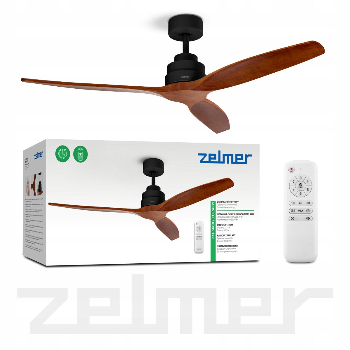 CEILING FAN ZELMER 132 CM FAN ULTRA QUIET 6 MODES BLACK BEECH Packaging status original