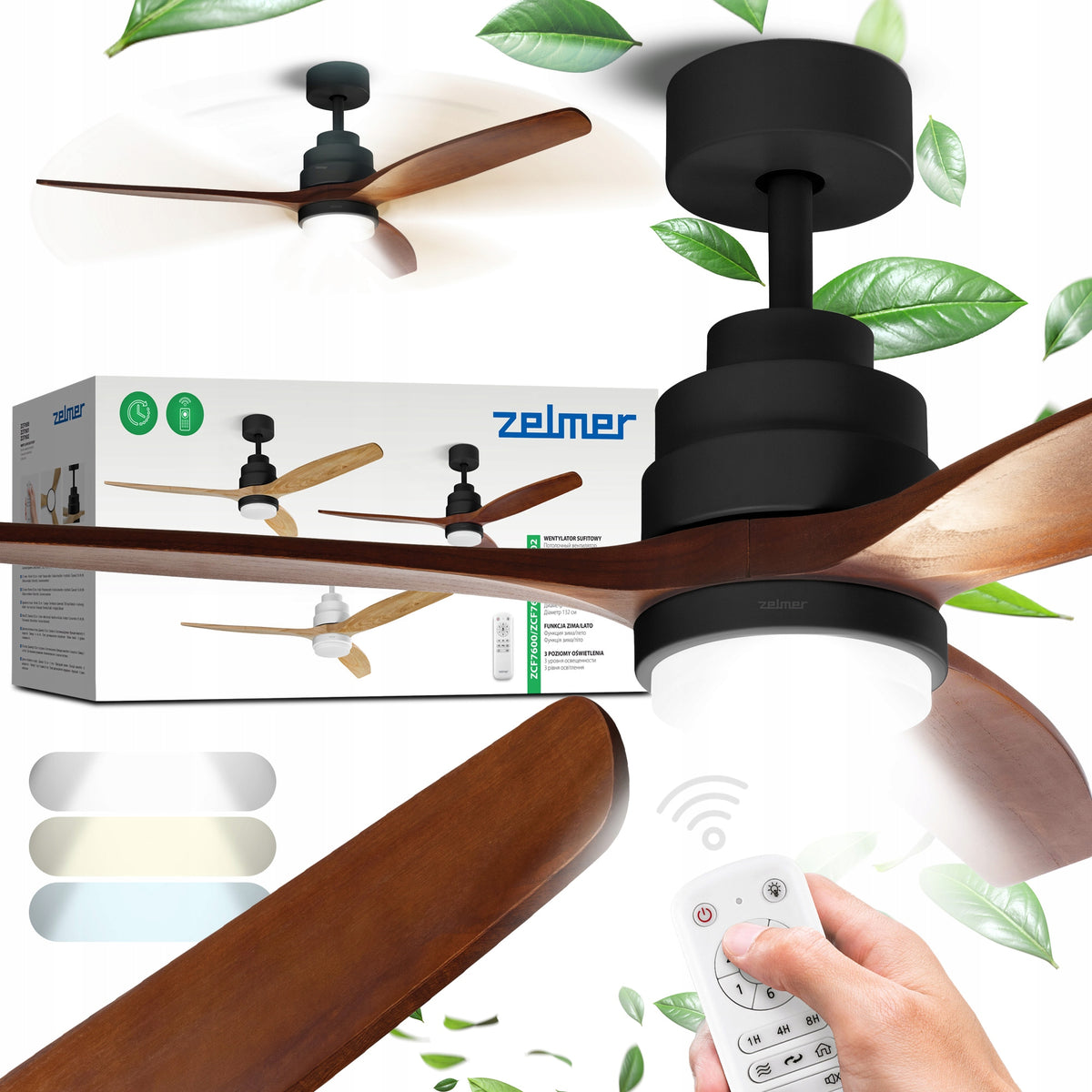 CEILING FAN ZELMER FAN LED LAMP ULTRA QUIET 6MODES BLACK OAK