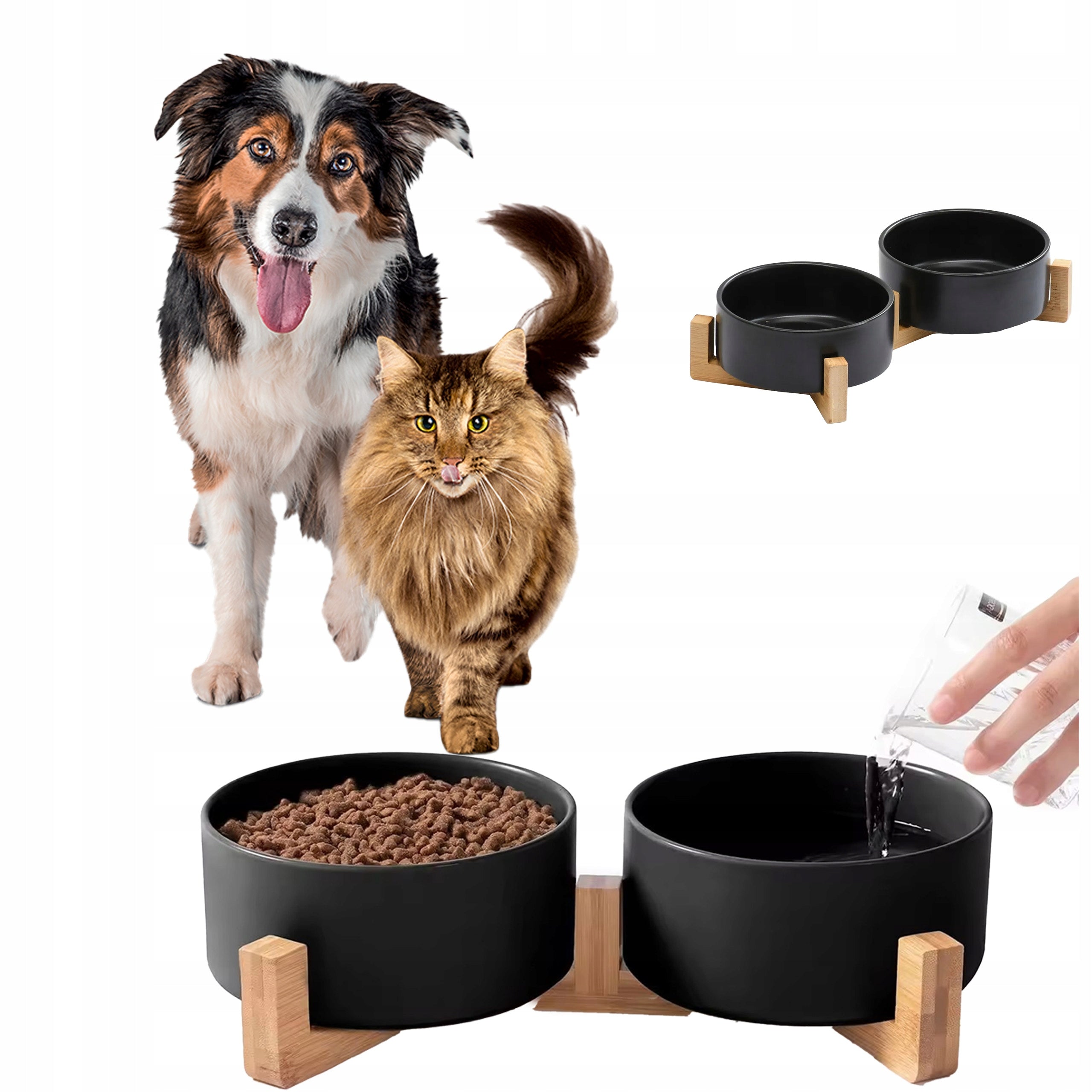 CERAMIC BOWL FOR CAT DOG ON STAND DOUBLE SET 2x400ml BLACK