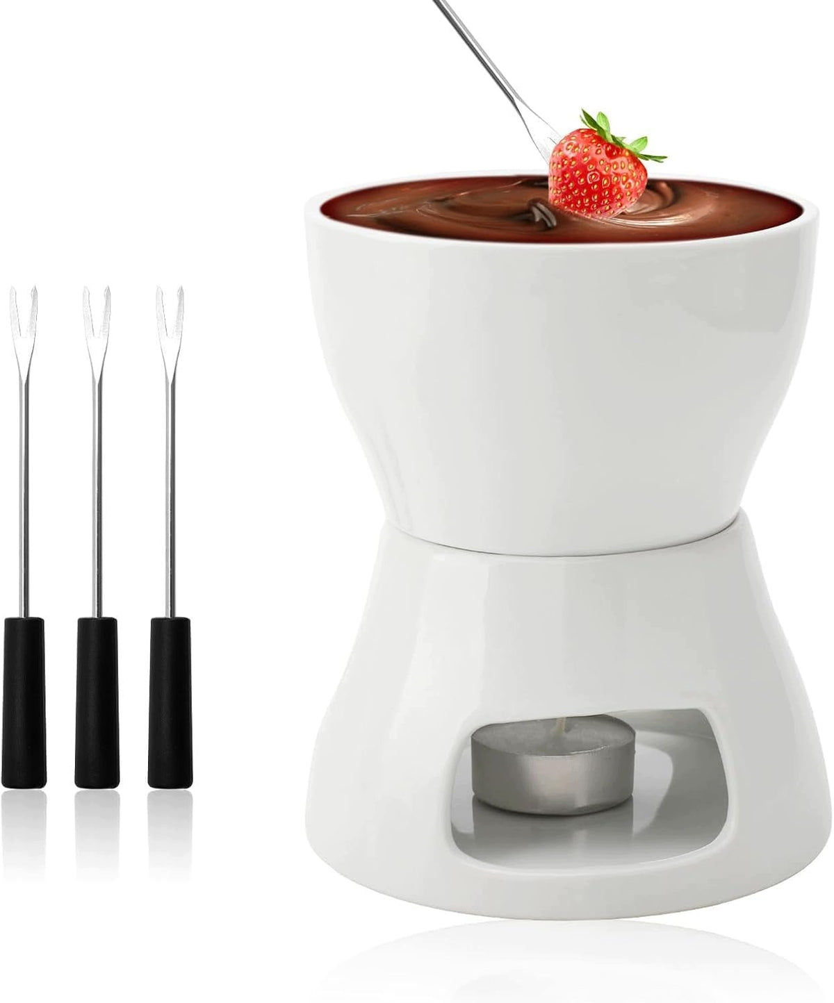 CERAMIC CHOCOLATE FONDUE SET, WITH CANDLE HOLDER AND 4 FORKS Brand no brand