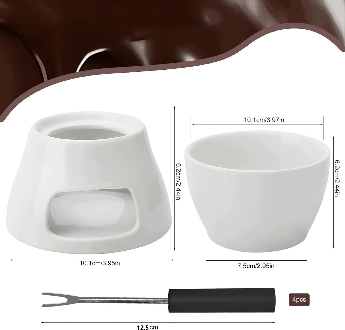 CERAMIC CHOCOLATE FONDUE SET, WITH CANDLE HOLDER AND 4 FORKS Packaging status original