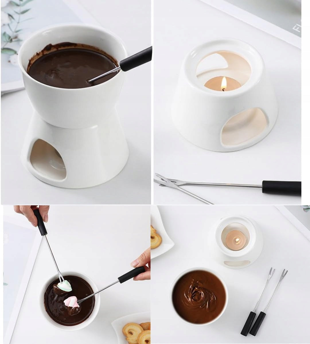 CERAMIC FONDUE CHOCOLATE SET 300ML HEATER CUP FORK Brand no brand