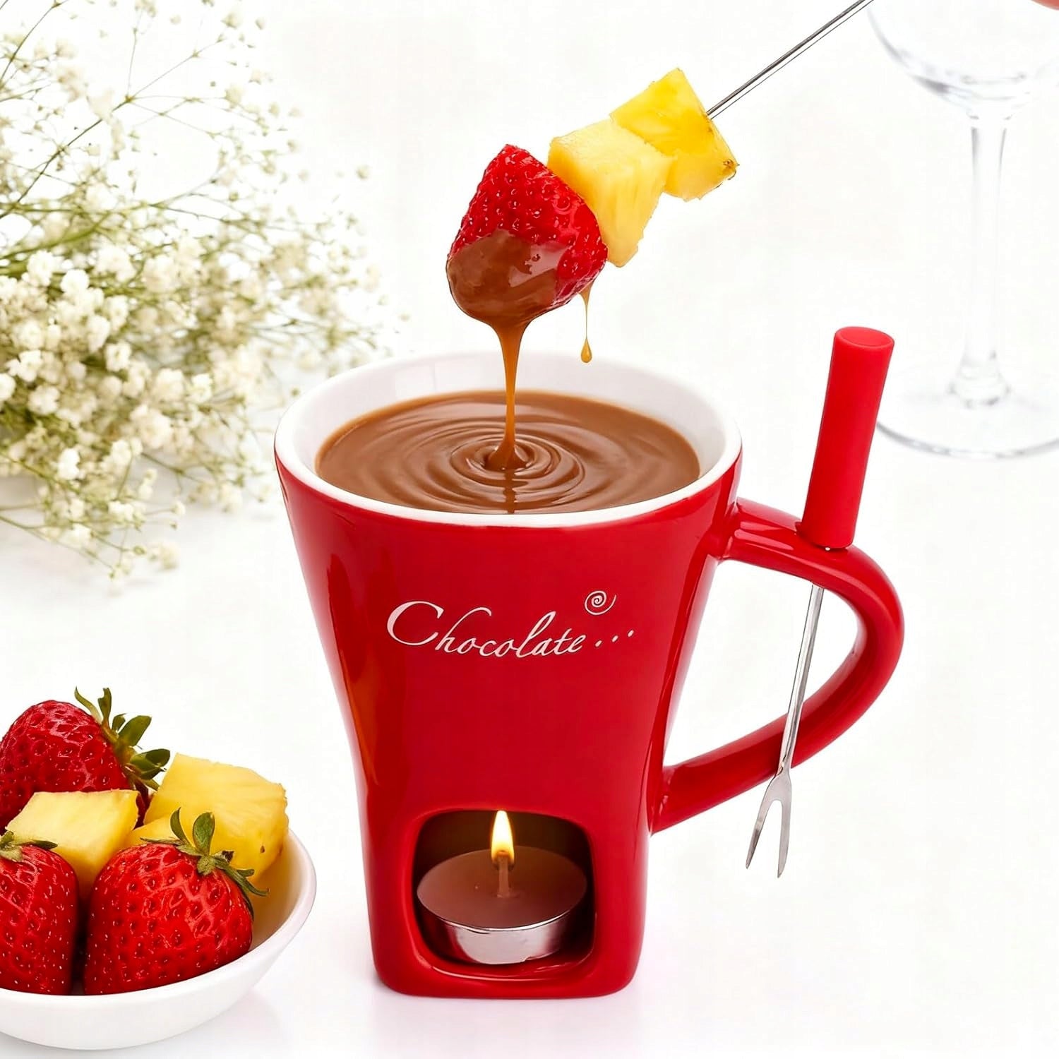CERAMIC FONDUE CUP 130 ML TEALIGHT FORK SET Brand Premium