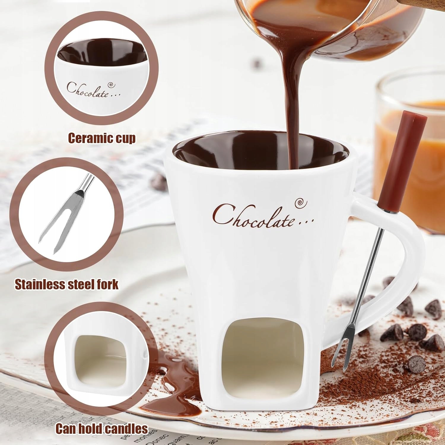 CERAMIC FONDUE CUP WITH FORK CHOCOLATE MELTING SET EAN (GTIN) 053838587953