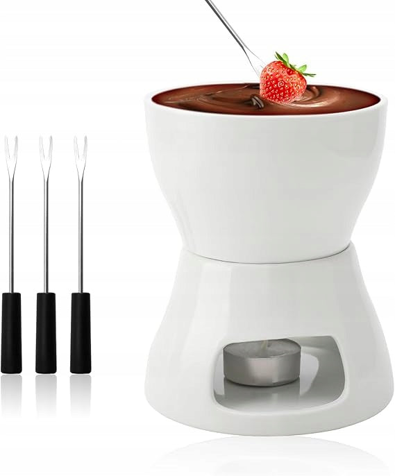 CERAMIC FONDUE SET WITH CHOCOLATE AND CHEESE 4 ELECTROLESS FORKS Brand Ceramik