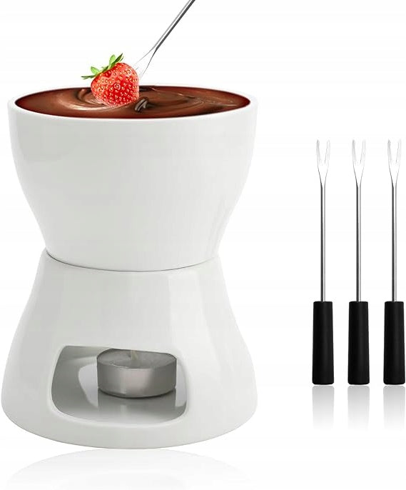 CERAMIC FONDUE SET WITH CHOCOLATE AND CHEESE 4 ELECTROLESS FORKS