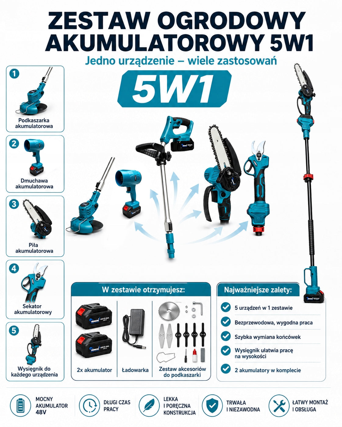 CHAINSAW TELESCOPIC BOOM PRUNING SHEAR BLOWER TRIMMER 2XAKU Power supply rechargeable battery