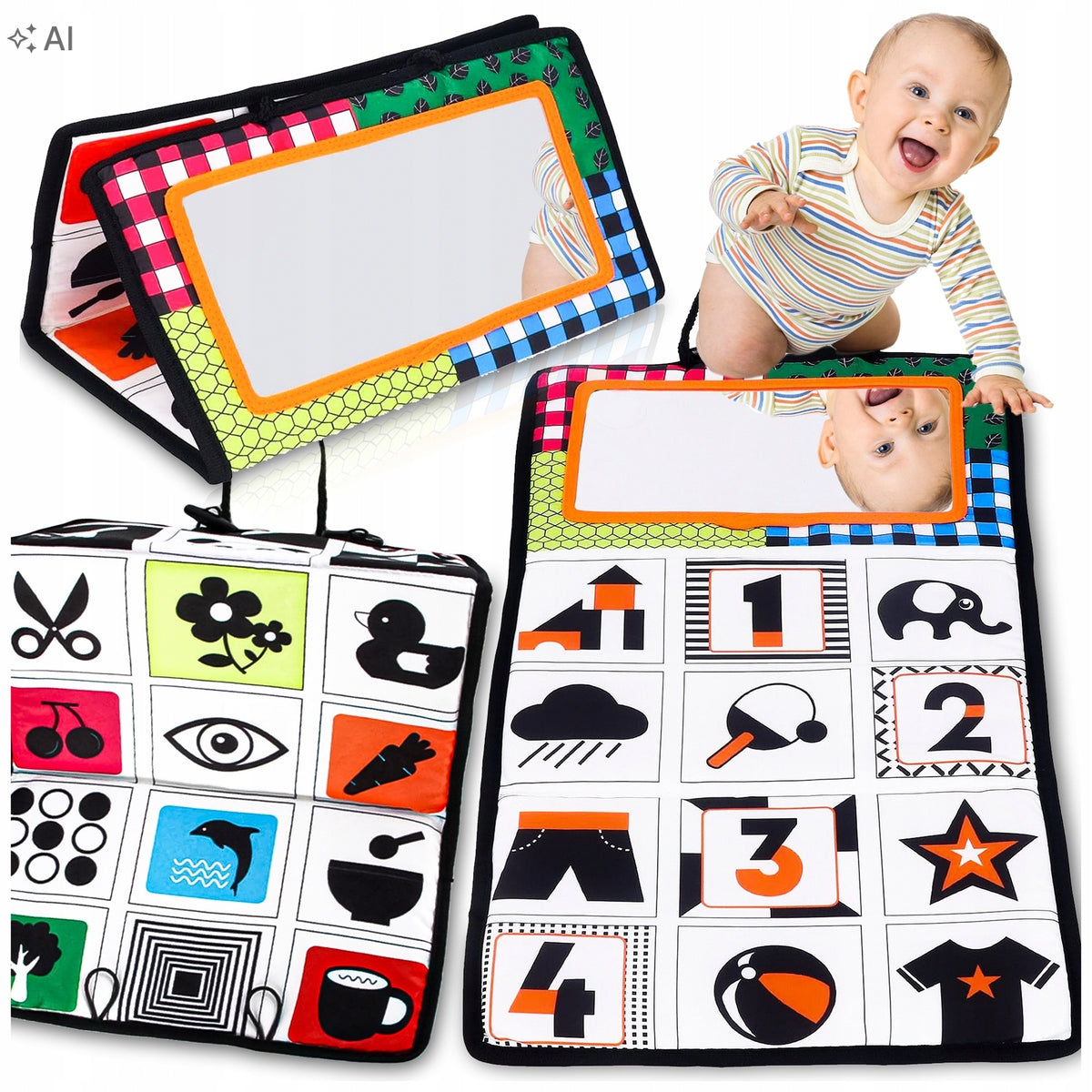 CHILDREN'S BOOK SENSORY MANIPULATION BOARD WITH MIRROR