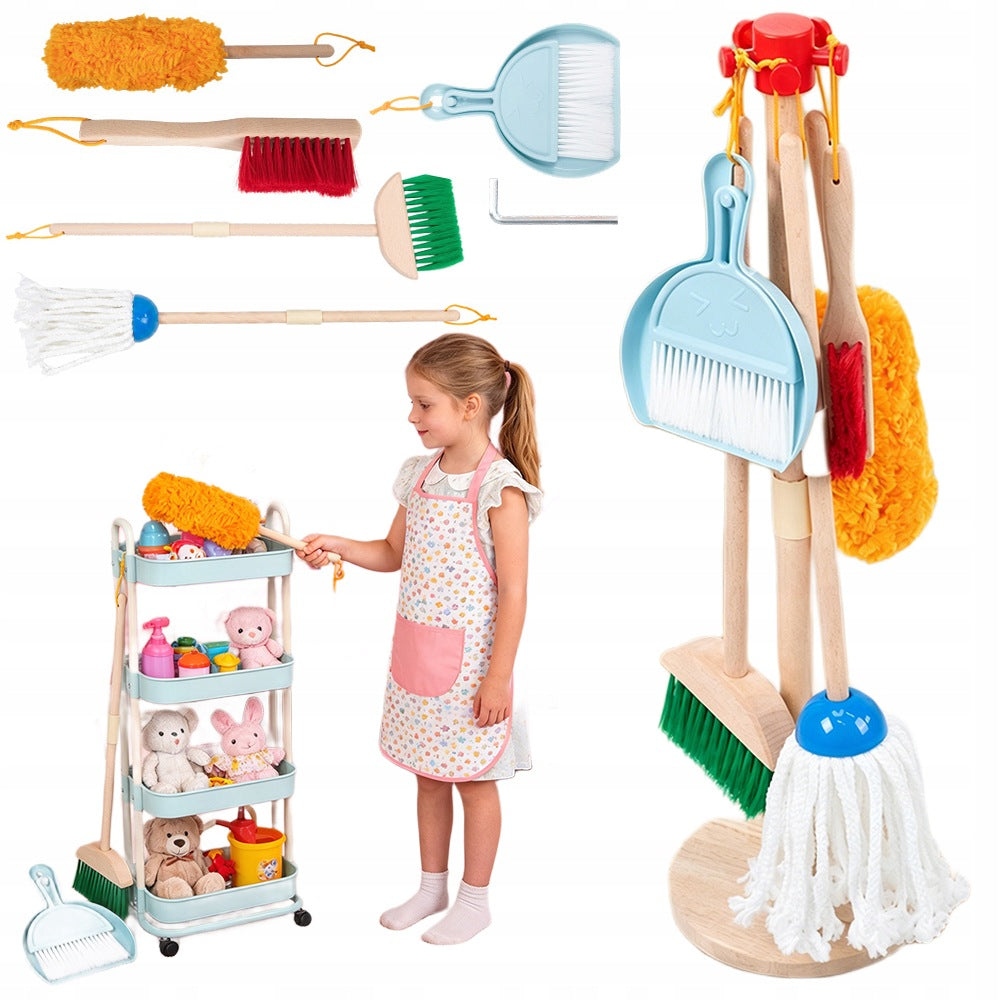 CHILDREN'S CLEANING KIT MOP BROOM BRUSH ERGONOMIC STAND WOOD